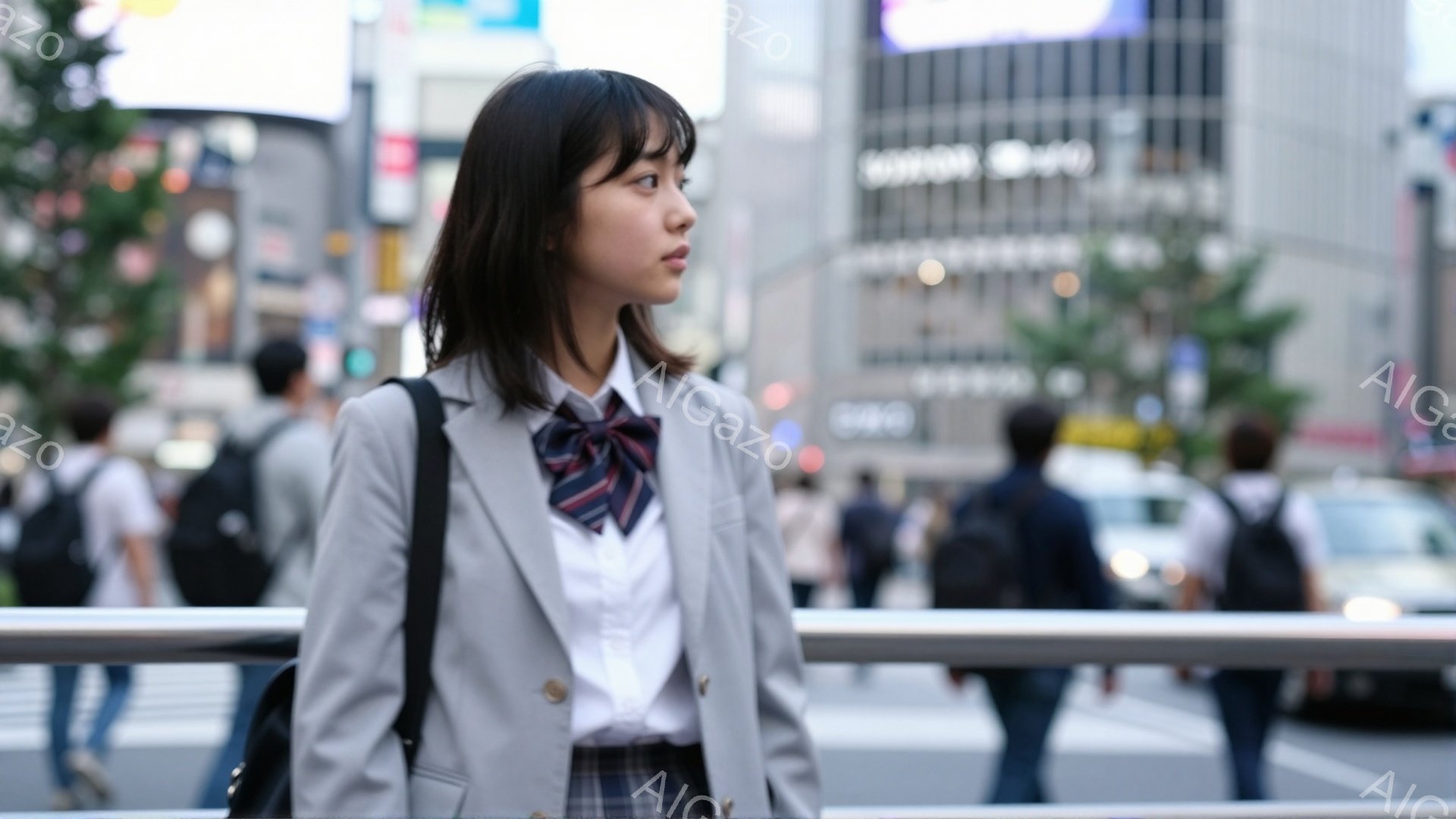 制服を着た若い女性が、少し横を向いて遠くを見つめている。彼女はグレーのブレザー、白いシャツ、チェック柄のスカート、ネクタイを着用し、肩にバッグをかけている。背景には、交通量の多い道路と高層ビル群がぼやけており、晴天の下、都会の喧騒を感じさせる。