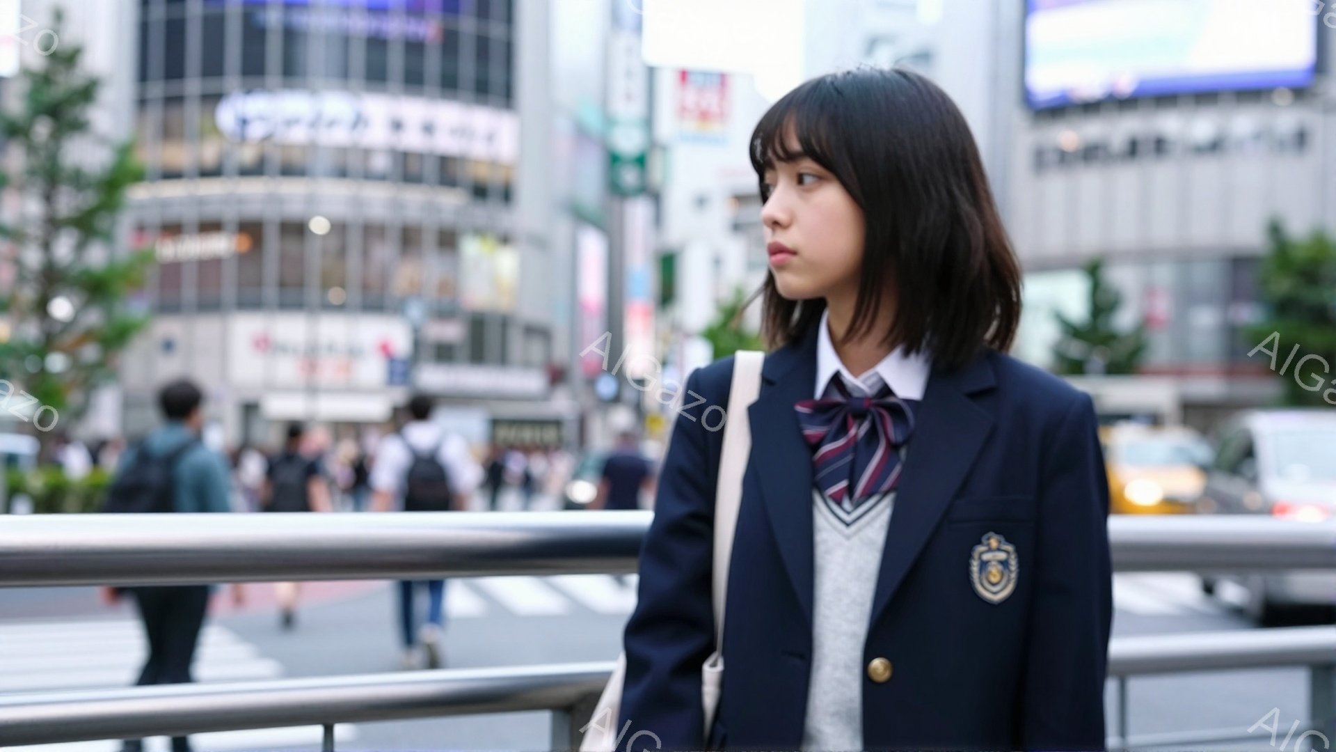 制服を着た若い女性が写っている。紺色のブレザーにグレーのベスト、チェックのネクタイが特徴的で、髪型は肩までの長さの黒髪で、前髪が目にかかっている。背景には賑やかな都市の風景が広がり、多くの人々が歩いているのが見える。