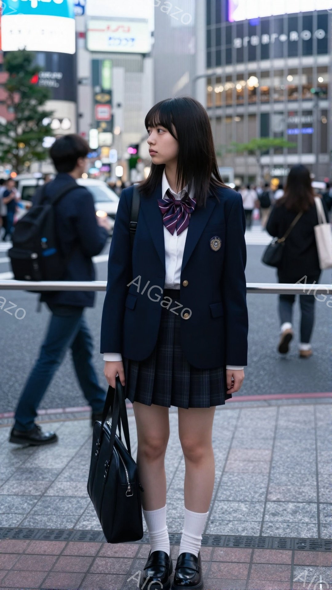 画像は、紺色のブレザーとチェック柄のスカート、白いソックスと黒いローファーを着用した女子高生を捉えている。彼女は黒いハンドバッグを持ち、少し俯いた表情で、どこか物憂げな雰囲気を醸し出している。背景には高層ビルが立ち並び、活気のある都市の街並みが広がっている。