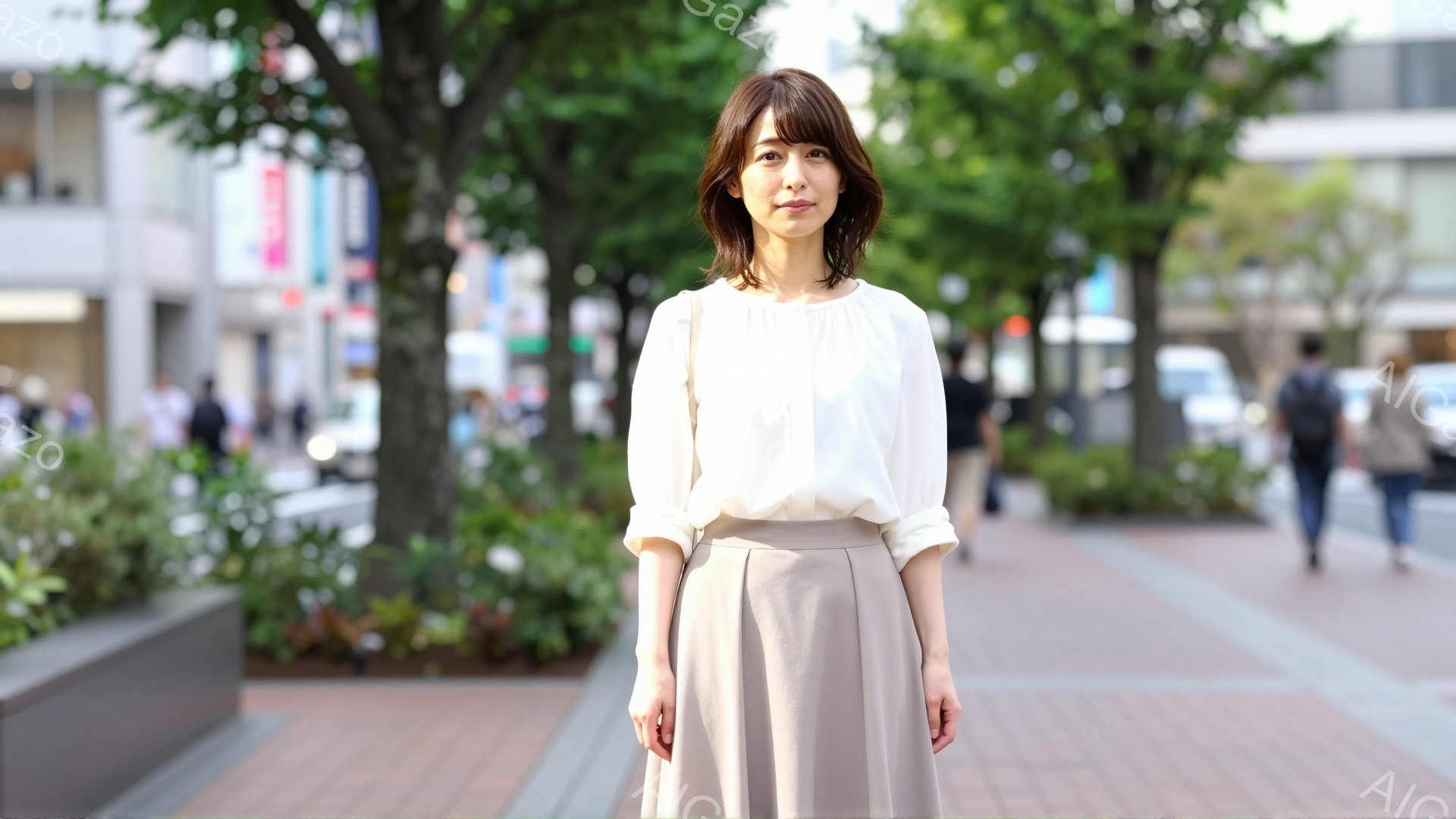 この女性は、明るいベージュのフレアスカートと、オフホワイトのブラウスを着ています。彼女は肩までの長さの茶色の髪で、穏やかな微笑みを浮かべています。背景には、緑豊かな木々と近代的な建物が見え、晴れた日の - AI生成フリー素材