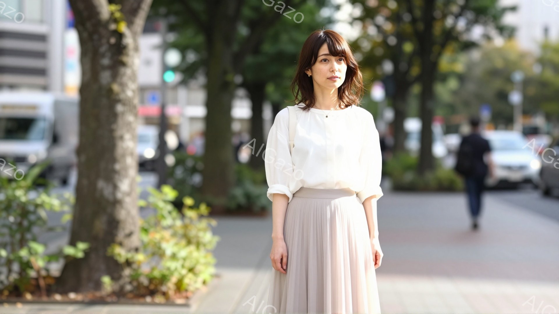 画像には、ベージュのプリーツスカートと白いブラウスを着た若い女性が写っています。彼女は少し微笑んでおり、穏やかな表情をしています。背景には、緑豊かな木々と歩道、そしてぼやけた車両や建物が見え、晴れた日 - AI生成フリー素材