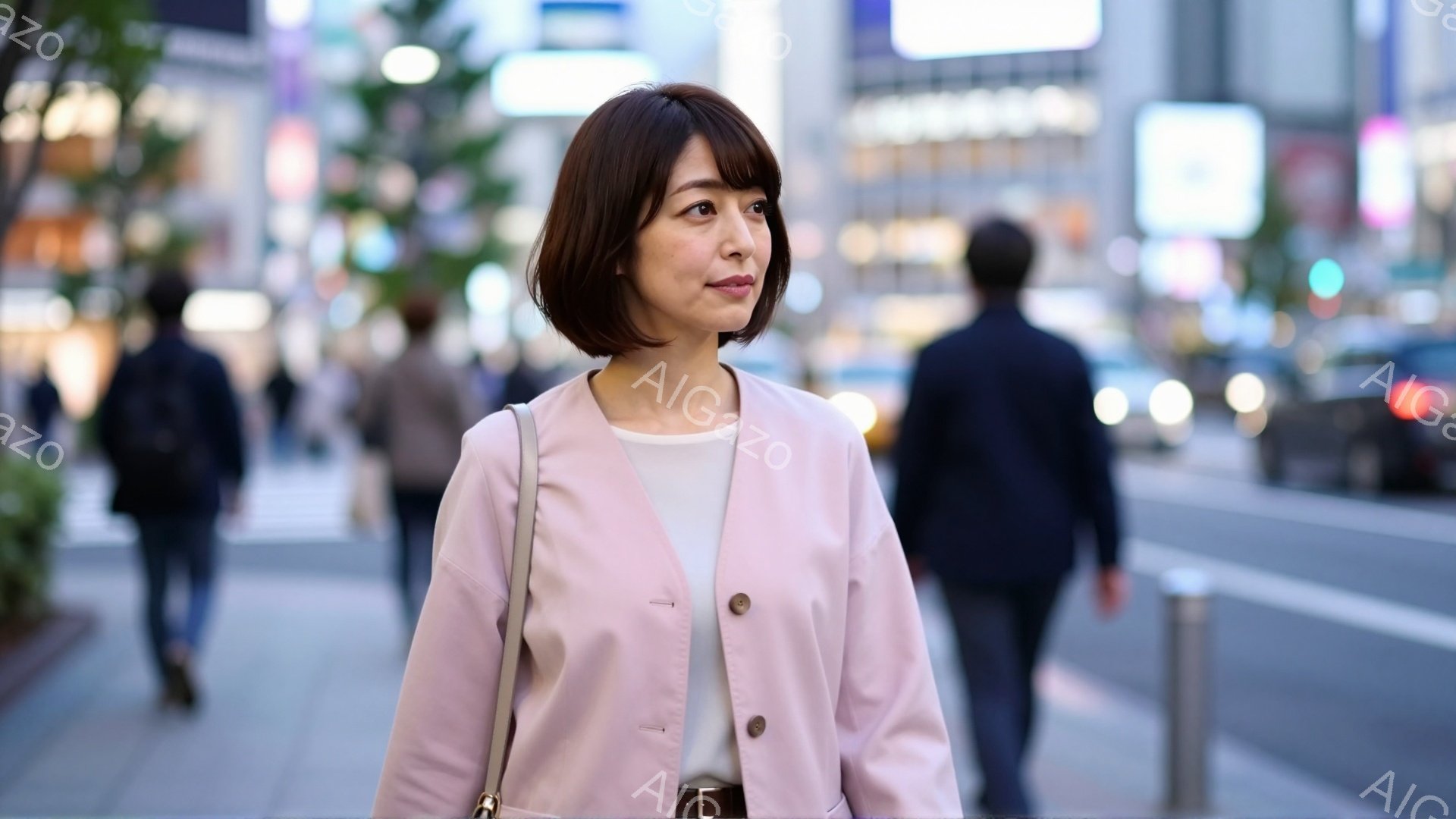 ピンク色のジャケットを着た女性が、街路を歩いている。彼女は短い茶髪で、穏やかな表情をしている。背景には、高層ビルや歩行者がぼやけており、活気のある都市の風景が広がっている。 - AI生成フリー素材