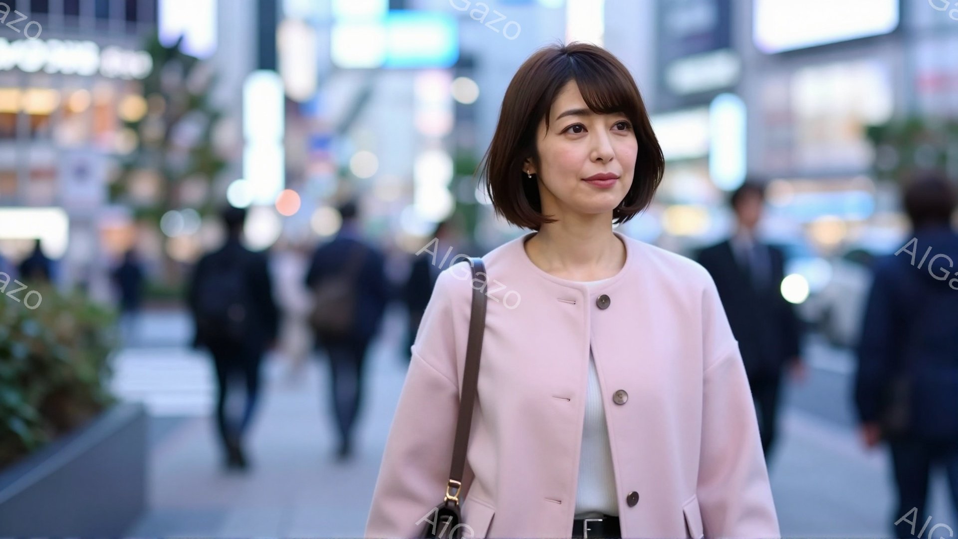 画像には、ピンク色のコートを着た若い女性が写っています。彼女は短めのヘアスタイルで、わずかに微笑んでおり、肩に掛けたバッグを持っています。背景には、人々の姿と、現代的な建物が見え、明るい日中の都市の雰囲気が漂っています。