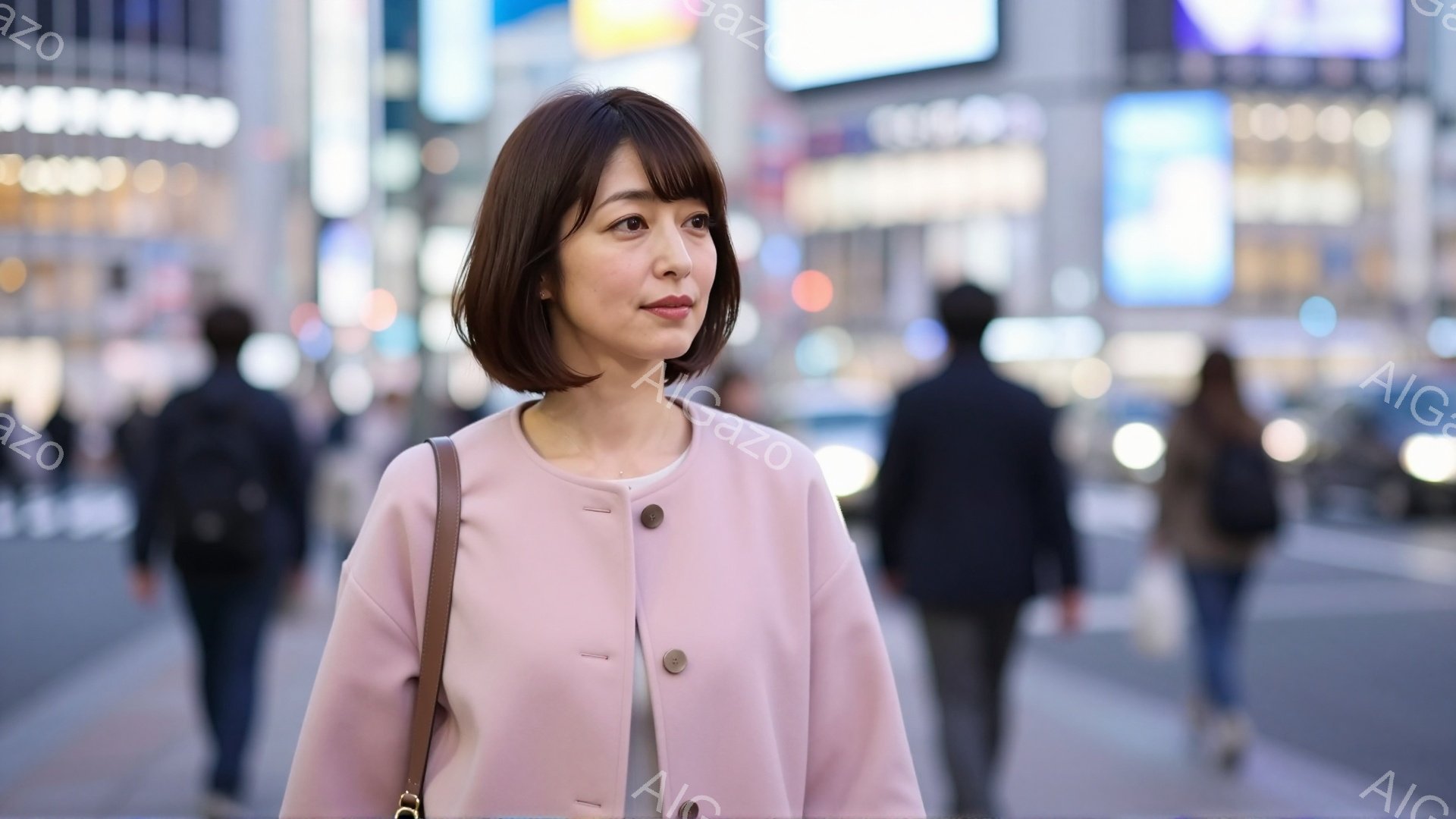 若い女性が、薄桃色のジャケットを着て、少し横を向いて立っている。彼女は短い髪型で、穏やかな表情をしている。背景には、ぼやけた人々とネオンサインが光る都市の風景が広がっており、夜間または薄暗い時間帯の街 - AI生成フリー素材