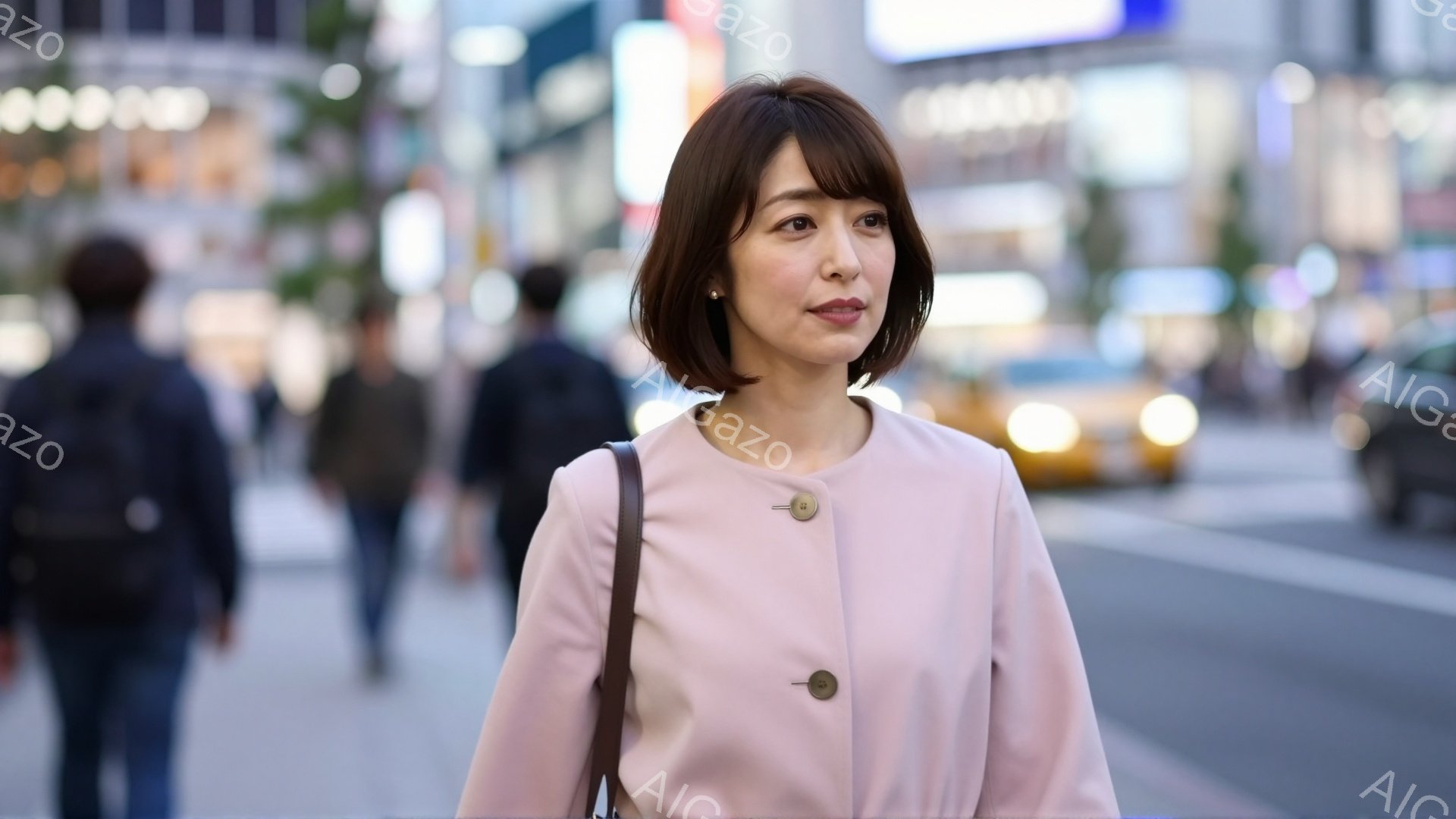 この女性は、ピンク色のジャケットを着て、ストレートで肩までの長さの髪型にしています。彼女は道路を歩いており、わずかに左を向いて何かを見ているような表情をしています。背景には、ぼやけた人々や建物が見え、 - AI生成フリー素材