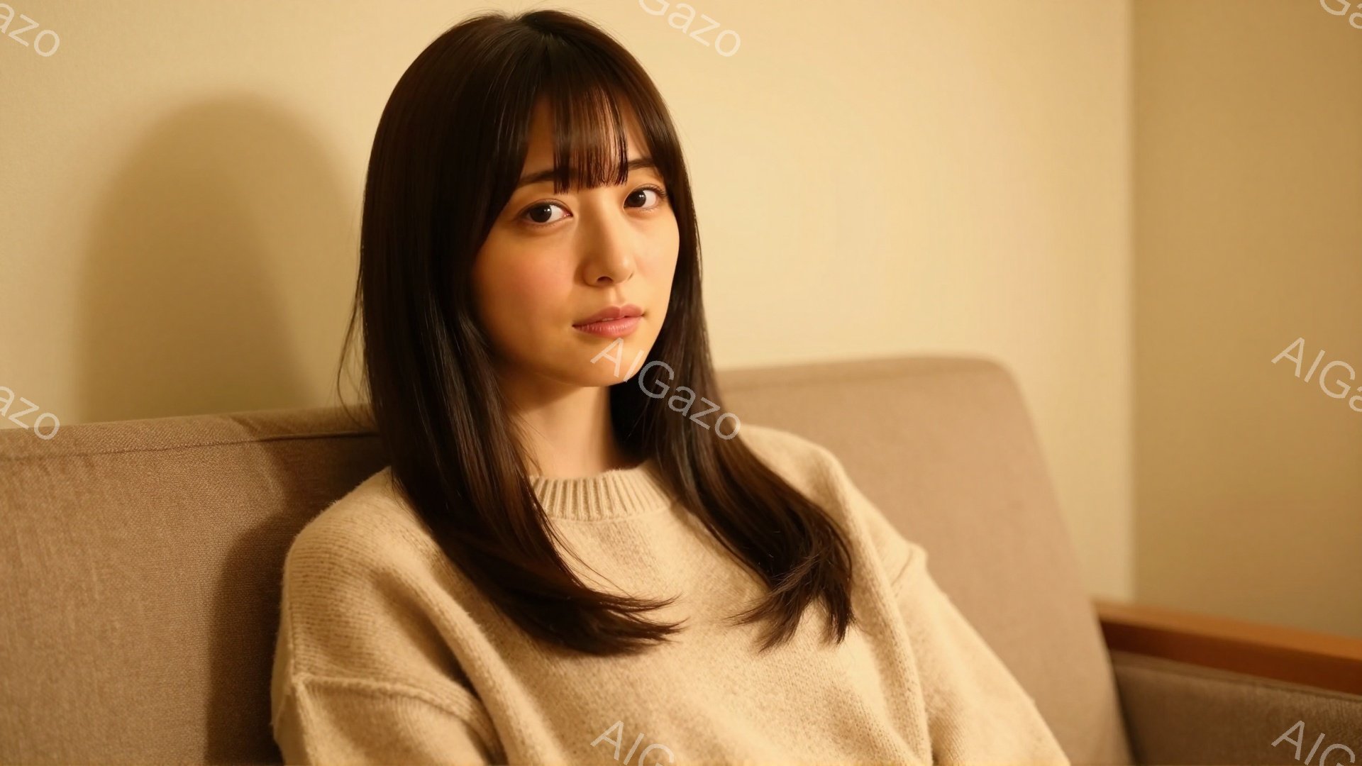明るい茶色のセーターを着た若い女性が写っている。彼女は長くストレートの髪を持ち、穏やかな表情で正面を見つめている。背景はベージュのソファと柔らかい照明で、全体的に温かく落ち着いた雰囲気である。 - AI生成フリー素材