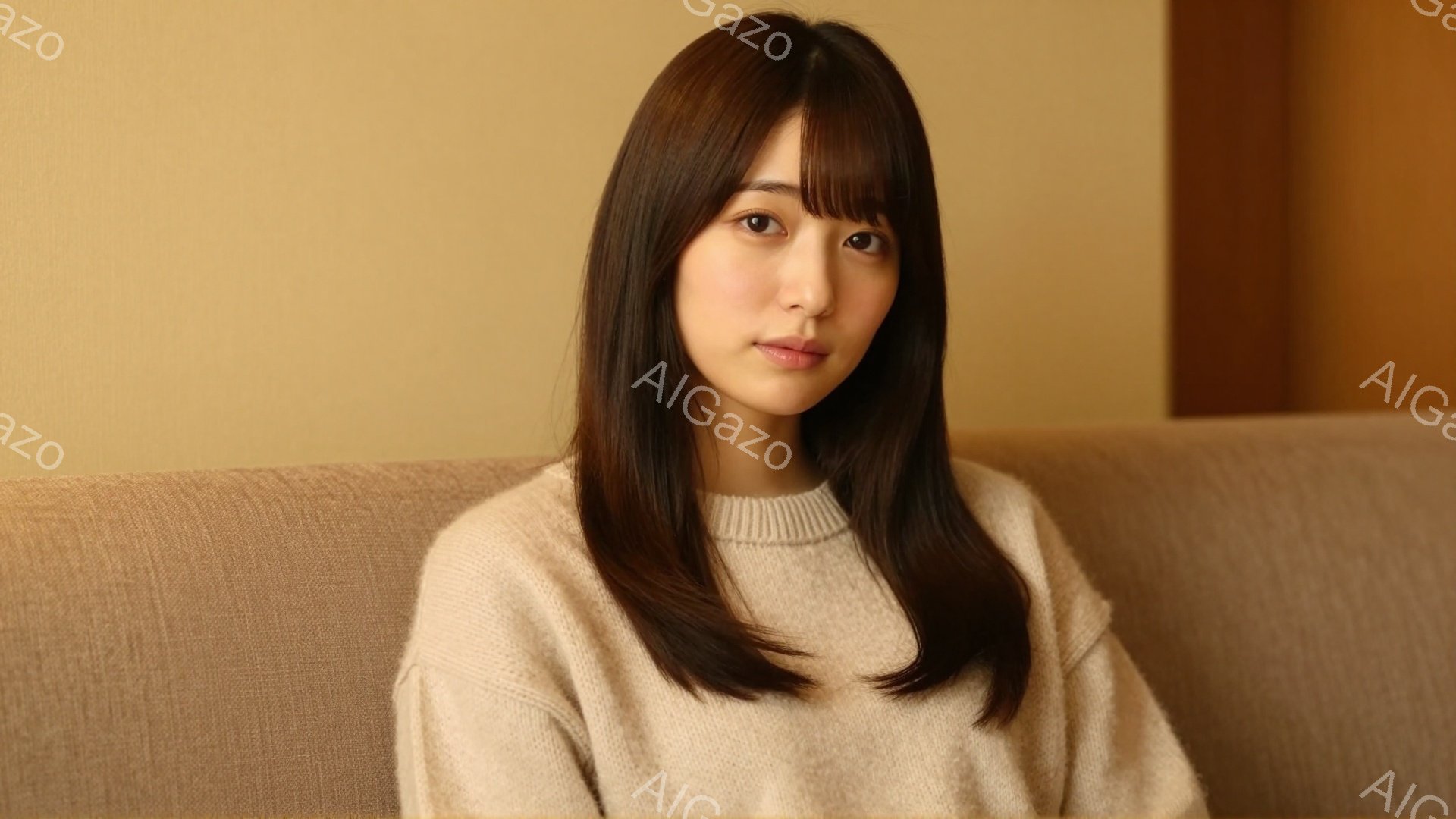 長いダークブラウンの髪をした若い女性が、ベージュ色のニットセーターを着て写っています。彼女はリラックスした表情で、わずかに微笑んでいます。背景は薄いベージュ色の壁とソファで、全体的に温かく穏やかな雰囲 - AI生成フリー素材