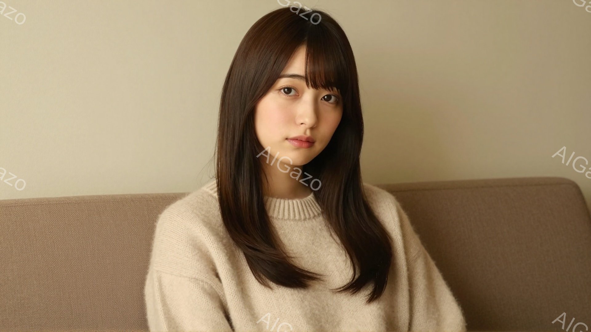 長いダークブラウンの髪を肩下まで伸ばした若い女性が写っています。ベージュ色のゆったりとしたセーターを着ており、穏やかで控えめな表情をしています。背景は柔らかいベージュ色の壁で、リラックスした家庭的な雰 - AI生成フリー素材