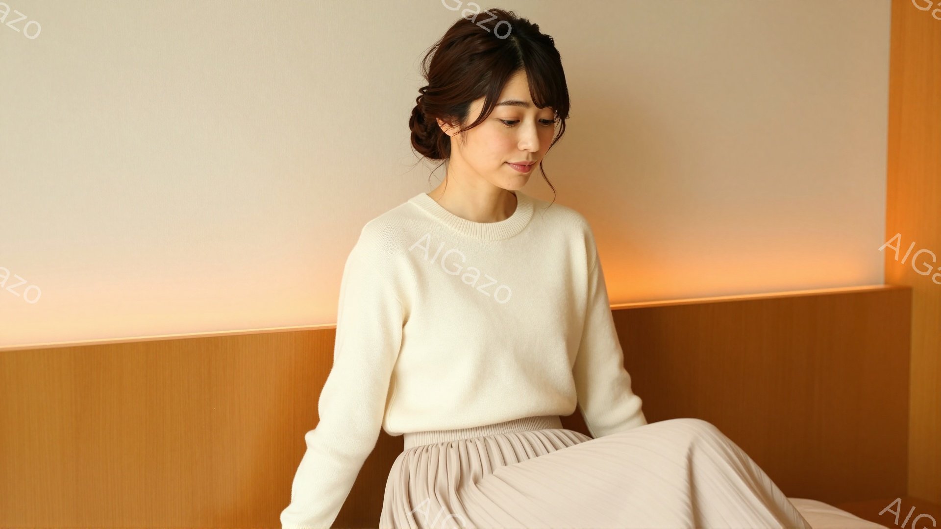明るいクリーム色のセーターと、プリーツスカートを着用した若い女性が写っている。彼女は少しうつむき加減で、落ち着いた表情をしている。背景は木目調の壁で、温かみのあるオレンジ色の光が壁の上部に灯っている。