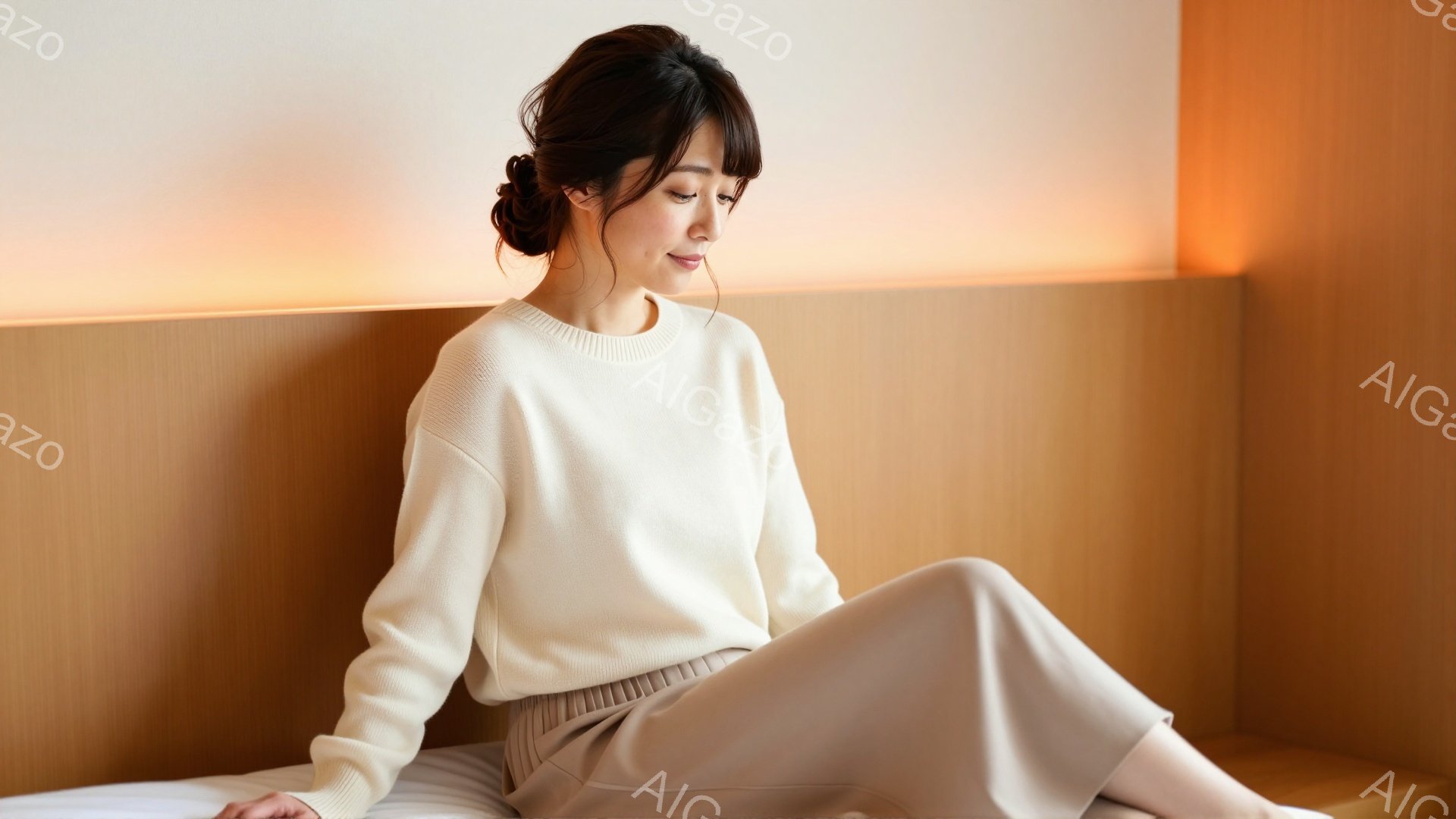 モデルはオフホワイトのセーターとワイドレッグのパンツを着用し、壁にもたれて座っています。彼女は髪を後ろでまとめ、穏やかな表情で何か考え込んでいるようです。背景は木目調の壁と柔らかなオレンジ色の照明で、リラックスした落ち着いた雰囲気が漂っています。