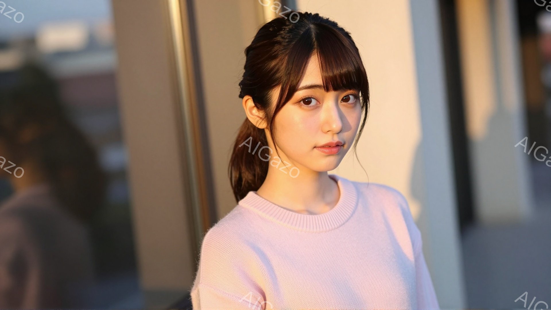 長い黒髪をハーフアップにし、額には少しだけ前髪がある女性が写っている。薄いピンク色のセーターを着ており、穏やかな表情で正面を見つめている。背景にはぼやけた建物が見え、全体的に柔らかく暖かい雰囲気が漂っ - AI生成フリー素材
