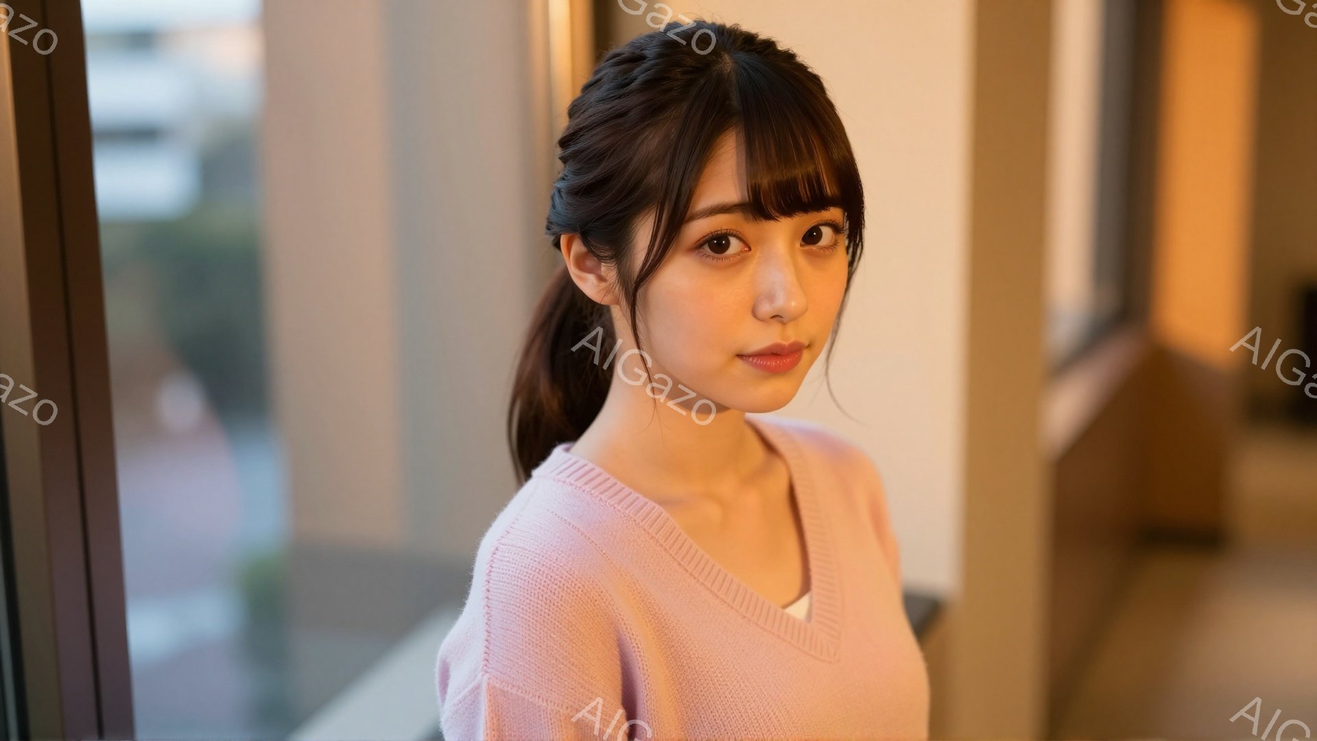 若い女性が、薄いピンク色のセーターを着て、カメラに向かって微笑んでいます。彼女は前髪を下ろし、後ろでポニーテールにしたダークブラウンの髪を持っています。背景には窓と、ぼやけた建物が見え、全体的に柔らか - AI生成フリー素材