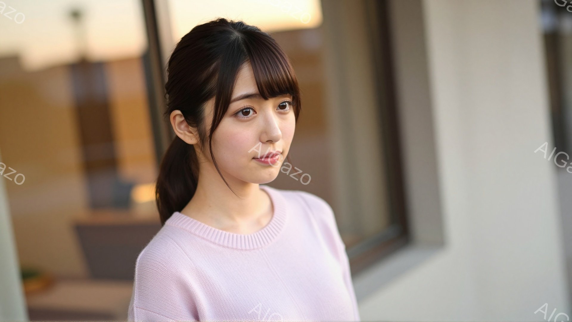 画像には、ピンク色のセーターを着た若い女性が写っています。彼女は前髪を少し垂らしたポニーテールをしており、わずかに微笑み、どこかを見つめています。背景には、白壁と大きな窓があり、穏やかで明るい日差しが - AI生成フリー素材