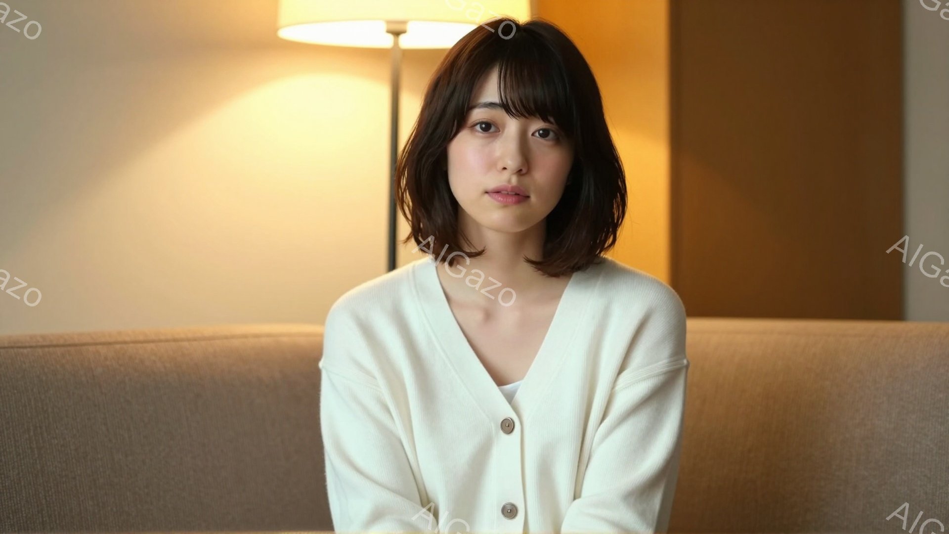 彼女はベージュ色のソファに座り、オフホワイトのカーディガンを着ています。彼女の髪は肩にかかる長さのダークブラウンで、前髪は眉毛にかかるようにカットされています。彼女は穏やかな表情で、わずかに微笑んでい - AI生成フリー素材