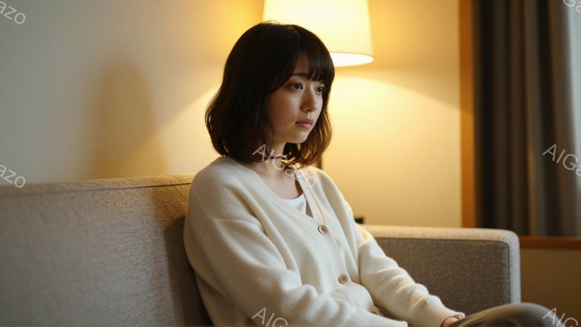 ショートヘアの女性が、ベージュ色のソファーに座って、少し物憂げな表情で遠くを見つめている。白いカーディガンを着ており、リラックスした姿勢で、穏やかな雰囲気を醸し出している。背景には、暖色系の照明とカー - AI生成フリー素材