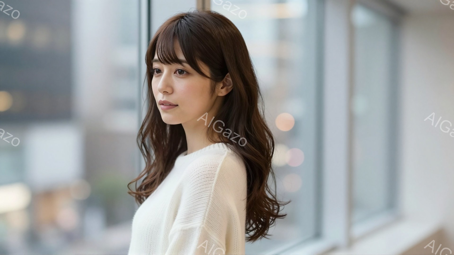長い茶色のウェーブヘアに、控えめな笑顔を浮かべた若い女性が写っている。白いニットセーターを着ており、少し横を向いて窓の外を見ている。背景にはぼやけた都市の風景が広がり、室内からの光が柔らかく彼女を照ら - AI生成フリー素材