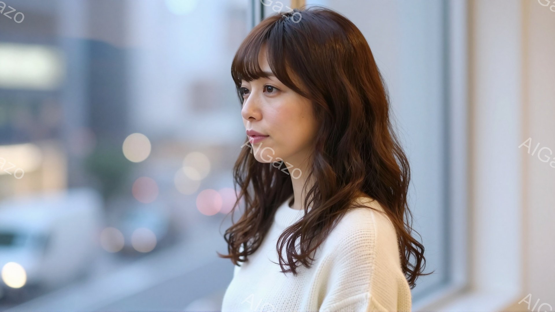 長い茶色の髪を持つ若い女性が、白いセーターを着て横を向いています。彼女は穏やかな表情で、何かを考えているようです。背景にはぼやけた都市の風景が見え、窓辺で物思いにふける静かな雰囲気が漂っています。 - AI生成フリー素材