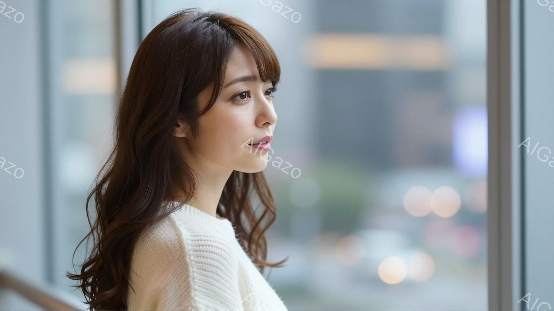 明るい茶色の長い髪を無造作にウェーブかけた女性が、白いセーターを着て、窓の外を見つめている。彼女は横顔で、穏やかな表情をしており、リラックスした雰囲気を醸し出している。背景には、ぼやけた都市の風景が広 - AI生成フリー素材