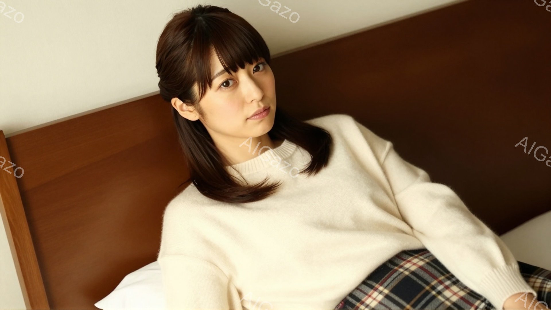 長い黒髪の女性が、クリーム色のゆったりとしたセーターとチェック柄のスカートを着て、白いベッドに寄りかかっています。彼女はわずかに微笑み、穏やかな表情でカメラを見ています。背景はぼかされており、木製のヘ - AI生成フリー素材