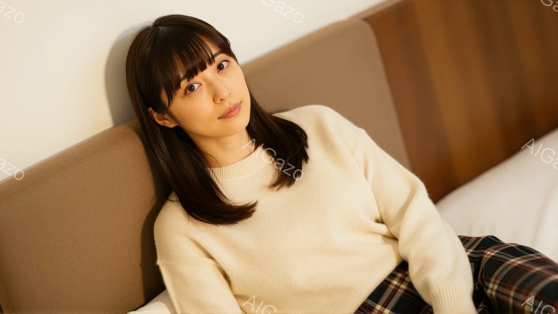 長いダークブラウンの髪を肩にかかるようにした女性が、ベージュ色のセーターとチェック柄のスカートを身に着けている。彼女はリラックスした様子で、白いベッドの背もたれに寄りかかり、穏やかな微笑みを浮かべてい - AI生成フリー素材