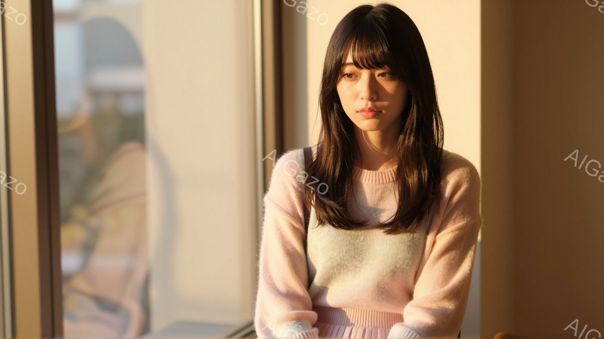 長い黒髪で前髪が目の上まである女性が写っている。ピンク色のセーターを着ており、少し物憂げな表情をしている。窓から差し込む柔らかな光が彼女を照らし、背景にはぼやけた都市の風景が見える。 - AI生成フリー素材