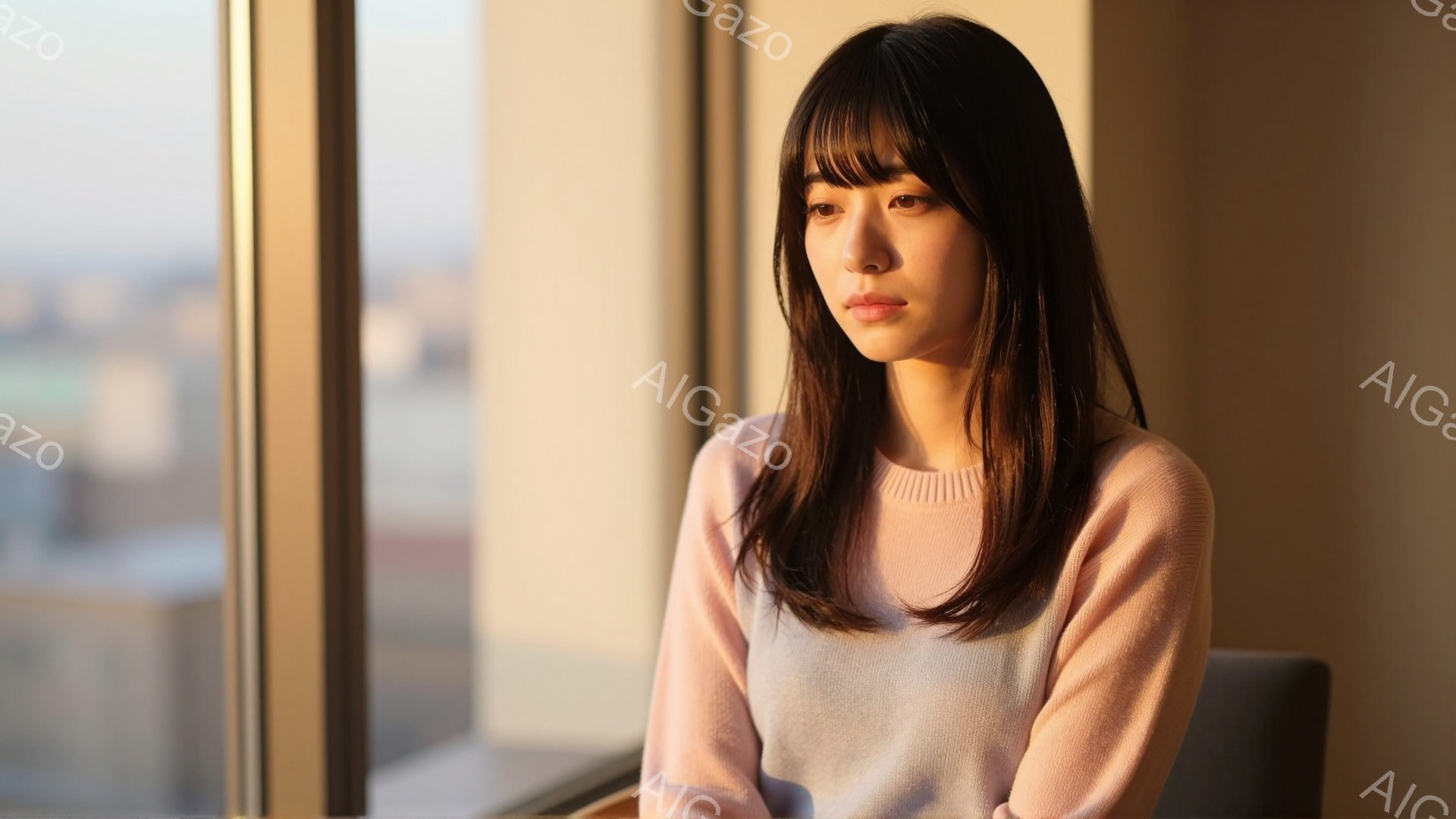 長い黒髪で前髪のある女性が、淡いピンク色のセーターを着て窓辺に立っている。彼女は少し憂いを帯びた表情で、遠くを見つめている。背景には高層ビル群が見え、柔らかい光が差し込み、静かで物憂げな雰囲気を醸し出 - AI生成フリー素材