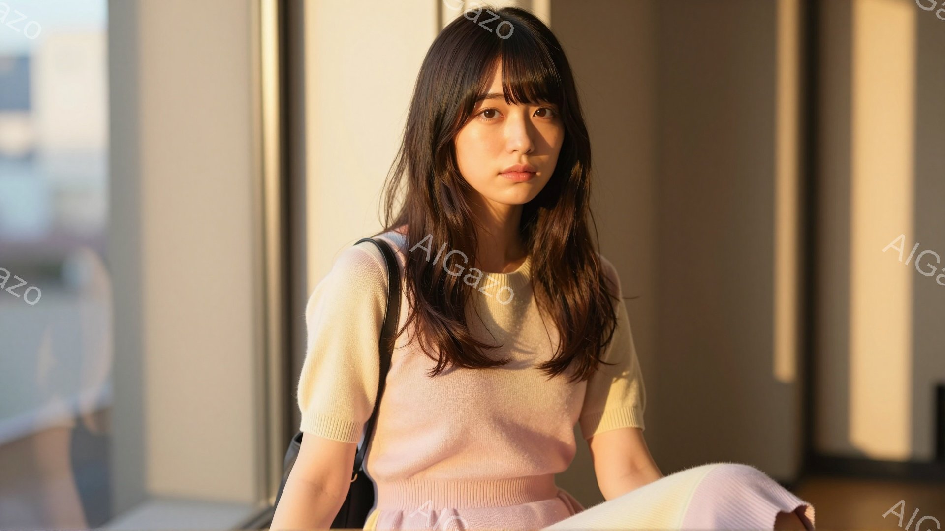 長いダークブラウンの髪を持つ若い女性が写っている。彼女は薄いピンク色のセーターとスカートを身に着け、肩にバッグをかけている。窓から差し込む柔らかな光が彼女を照らし、落ち着いた穏やかな雰囲気を醸し出して - AI生成フリー素材