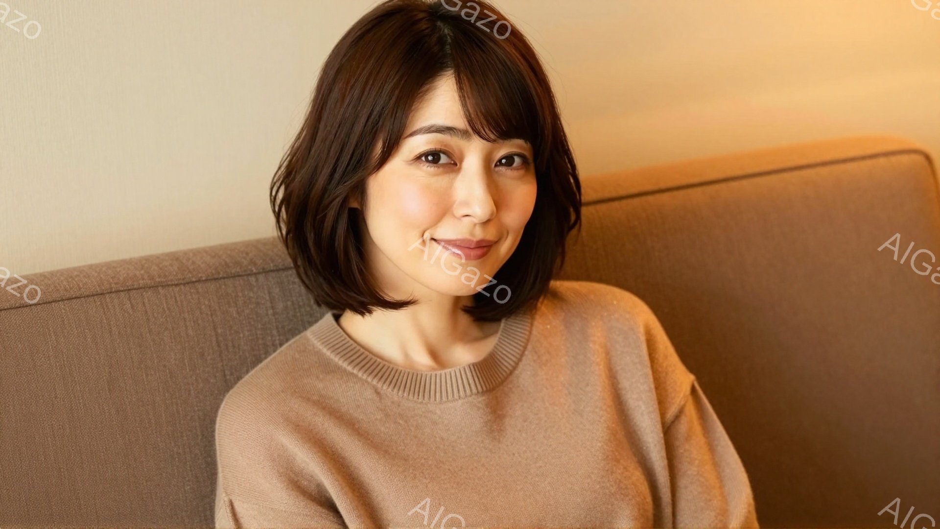 明るい茶色のセーターを着た若い女性が写っています。彼女は軽く微笑み、前髪を少しふり分けたショートヘアです。背景はぼかした茶色のソファで、全体的に温かみのある雰囲気です。