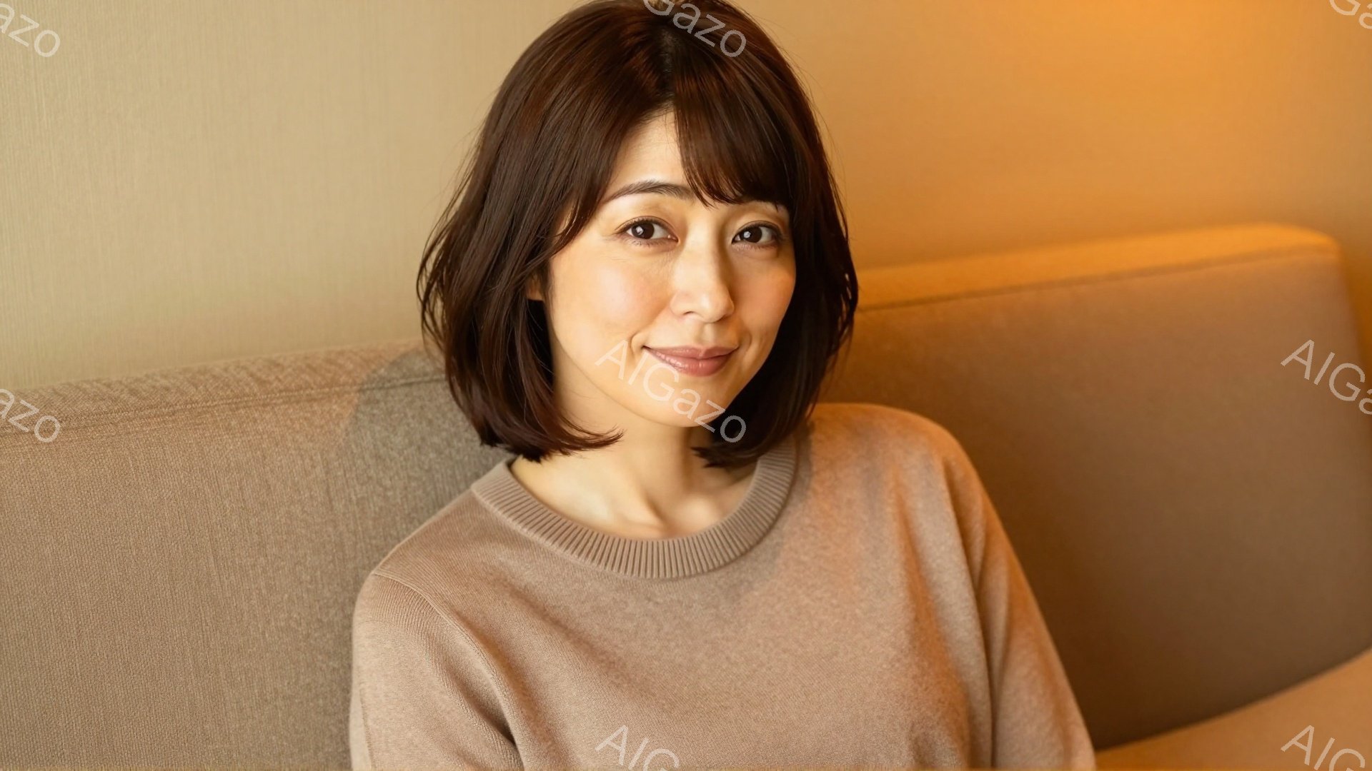 この女性はベージュ色のセーターを着ており、前髪のあるショートヘアに整えられています。穏やかな笑顔でカメラを見つめており、リラックスした姿勢で座っています。背景はベージュ色の壁とソファで、全体的に暖かく - AI生成フリー素材