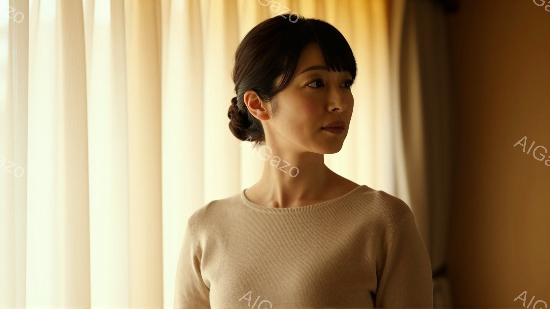 この女性はベージュ色のセーターを着ており、髪は後ろでまとめられています。彼女はわずかに横を向き、どこか遠くを見つめるような表情をしています。背景には、柔らかい光が差し込むカーテンがあり、全体的に穏やかで物憂げな雰囲気が漂っています。