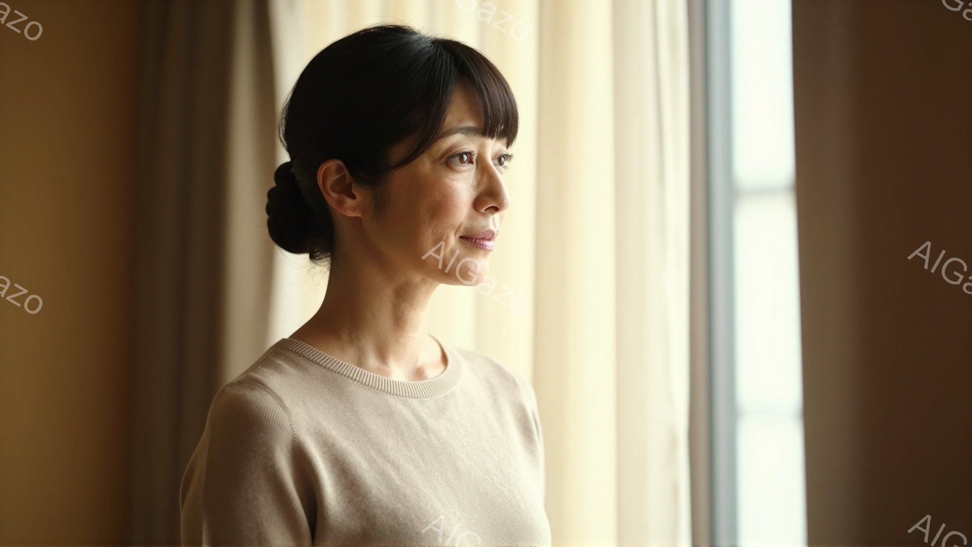 穏やかな表情の女性が写っている。ベージュのセーターを着ており、髪は後ろでまとめられている。窓からの柔らかい光が彼女を照らし、落ち着いた雰囲気を作り出している。 - AI生成フリー素材