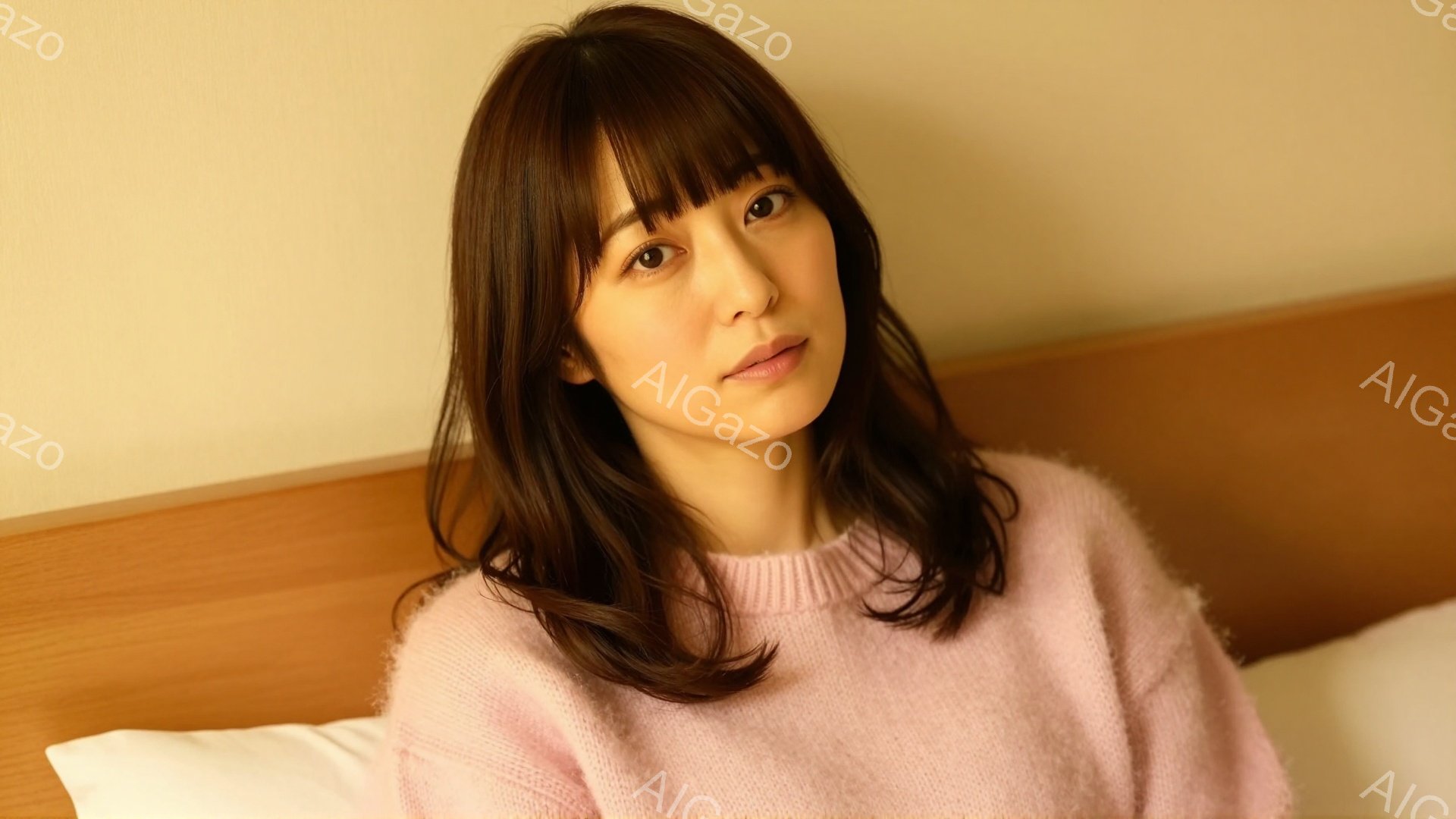 明るいピンク色のセーターを着た女性が写っています。彼女は肩までの長さのダークブラウンのヘアスタイルで、穏やかな微笑みを浮かべています。背景はベージュの壁と白い枕で、リラックスした家庭的な雰囲気が漂って - AI生成フリー素材