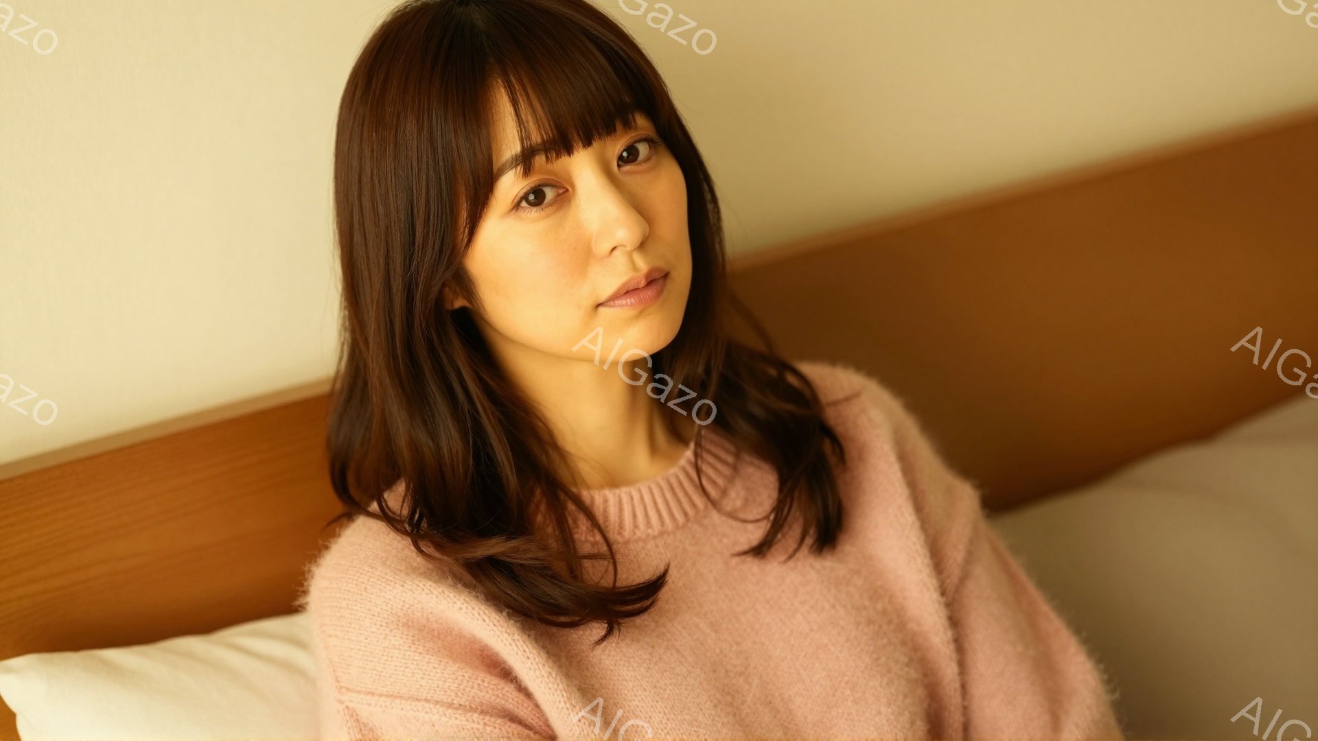 この女性は、ピンク色のふわふわしたセーターを着て、茶色の髪を肩まで伸ばしています。彼女は穏やかな微笑みを浮かべ、リラックスした様子でベッドのヘッドボードにもたれています。背景はぼやけていますが、ベージュ色の壁と白い枕が見え、全体的に温かく柔らかな雰囲気です。