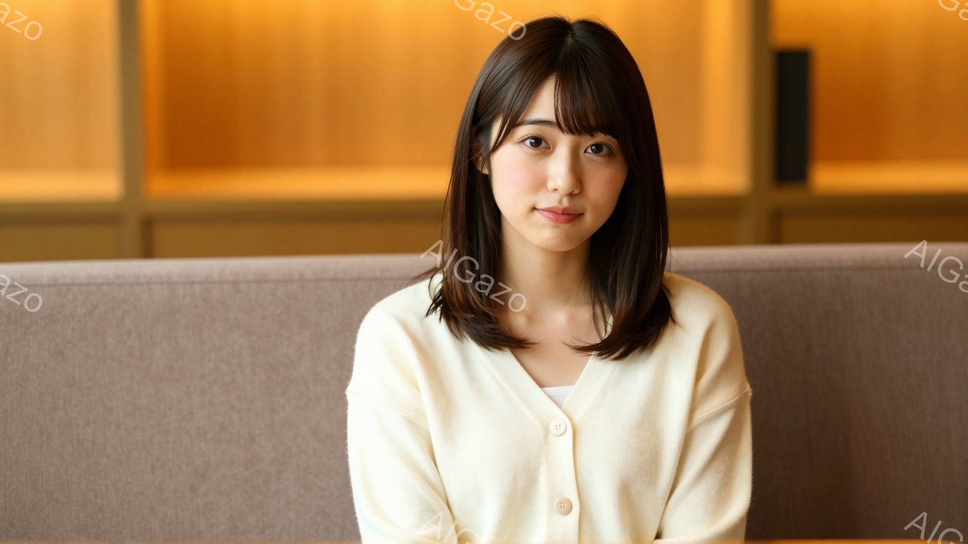 明るい茶髪の髪を肩のあたりで切り揃えた女性が写っている。オフホワイトのカーディガンを着て、穏やかな微笑みを浮かべている。背景には木製の棚があり、全体的に暖かく落ち着いた雰囲気である。 - AI生成フリー素材