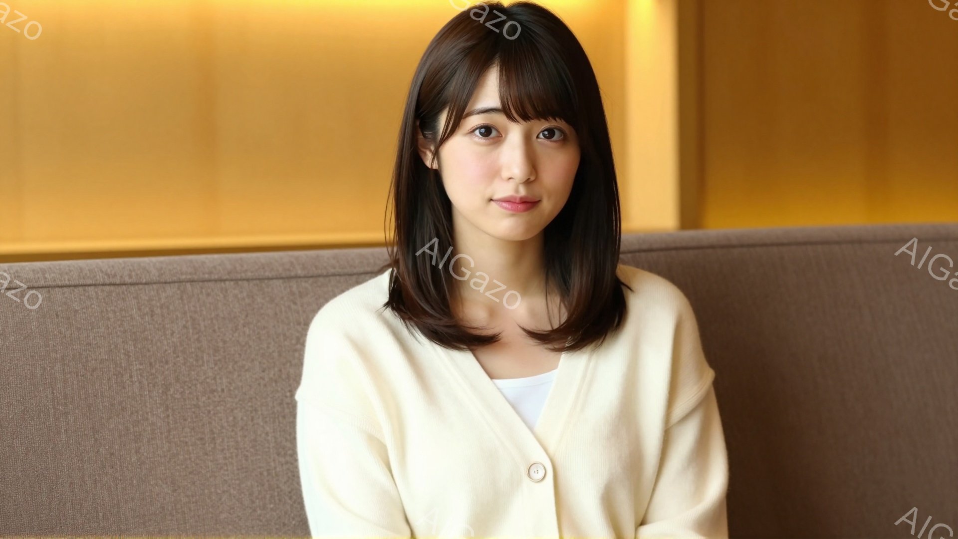 画像には、ベージュのカーディガンを着た若い女性が写っています。彼女は肩までの長さのダークブラウンのヘアスタイルで、穏やかな微笑みを浮かべています。背景は明るいオレンジ色の壁で、落ち着いた雰囲気が漂って - AI生成フリー素材