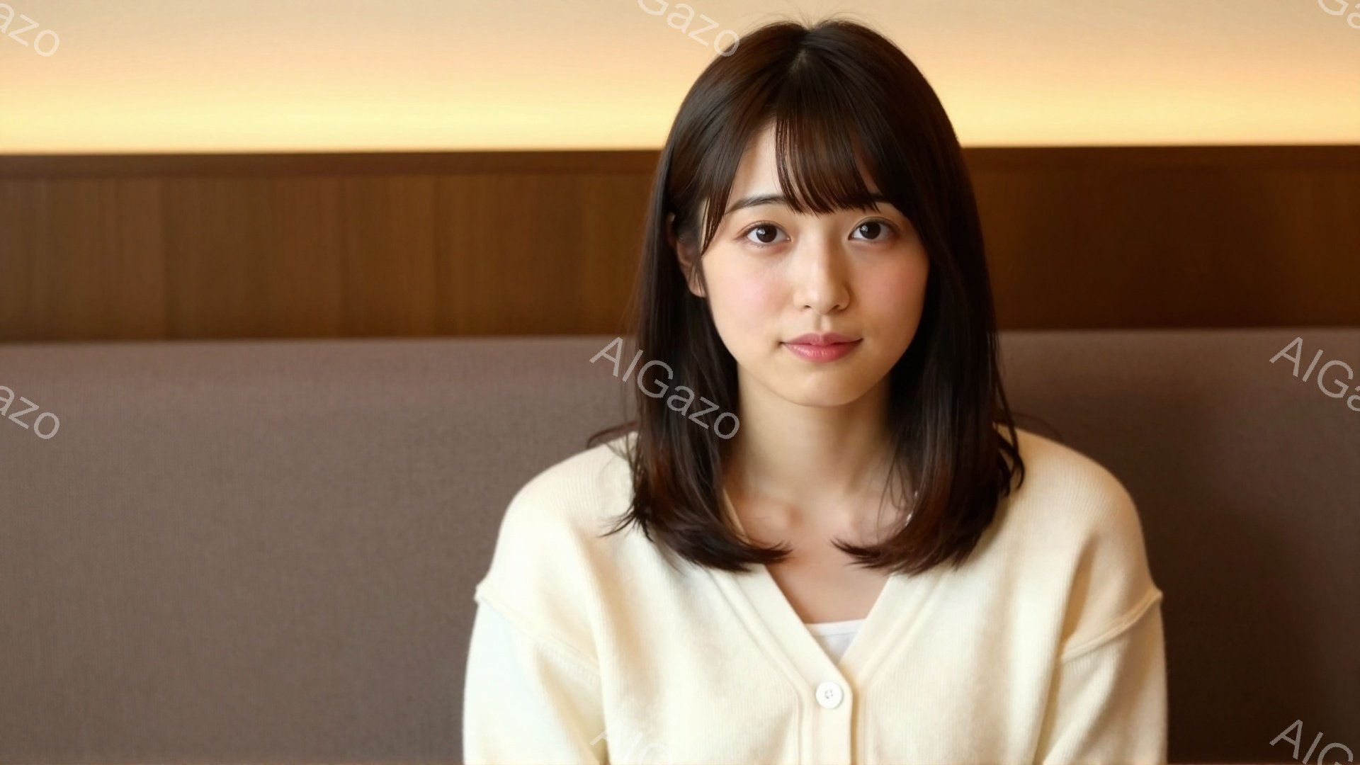 画像は、ベージュのカーディガンを着た若い女性を捉えています。彼女は肩までの長さのダークブラウンの髪で、前髪が目にかかるようにカットされています。穏やかな表情で、わずかに微笑んでいるように見え、背景はグ - AI生成フリー素材