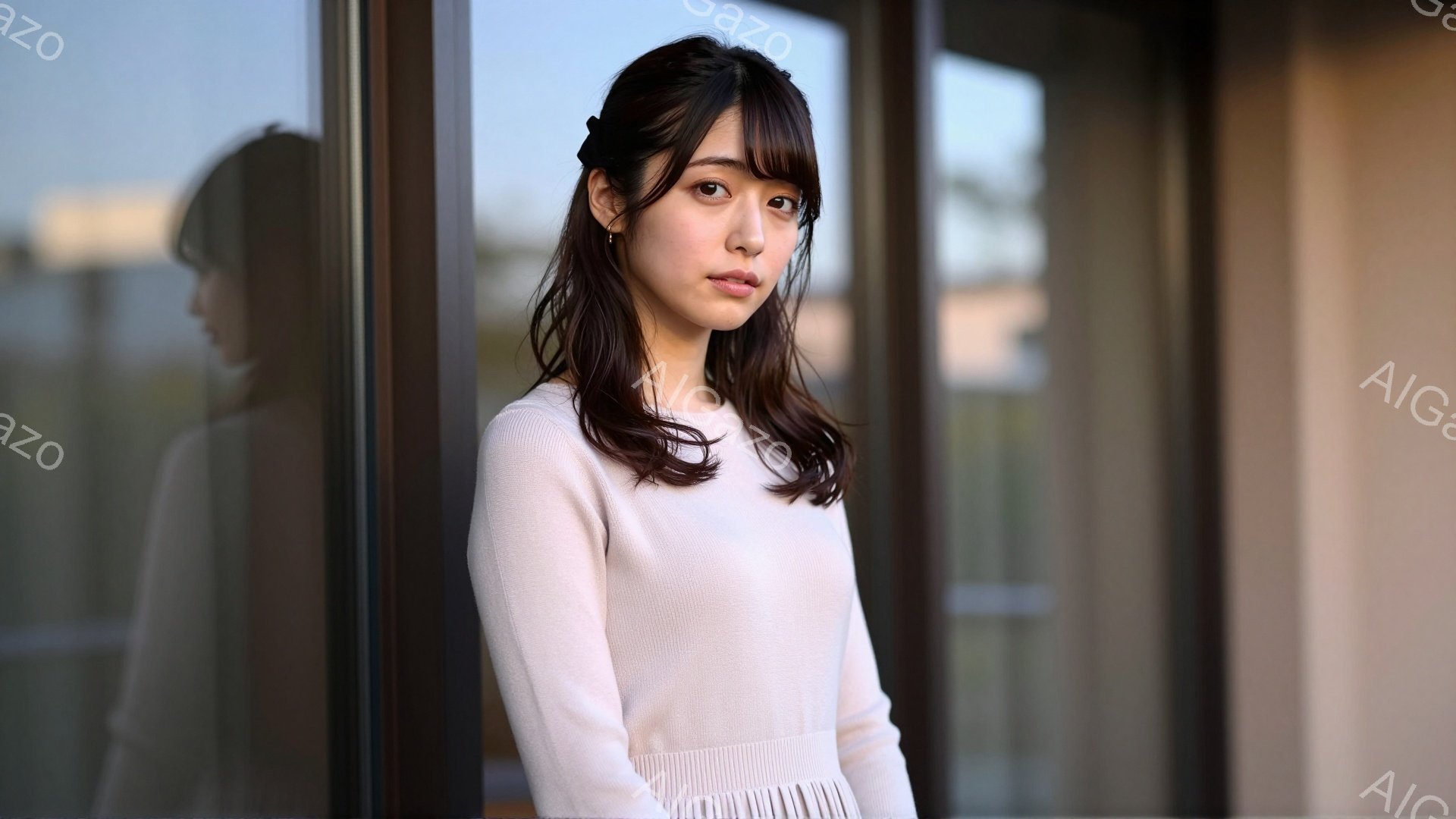 彼女は薄いピンク色のセーターを着て、肩までの長さの黒髪を無造作に垂らしています。少し微笑んだような、落ち着いた表情で、壁にもたれて立っています。背景にはガラスの壁と、ぼやけた建物が見え、全体的に穏やか - AI生成フリー素材