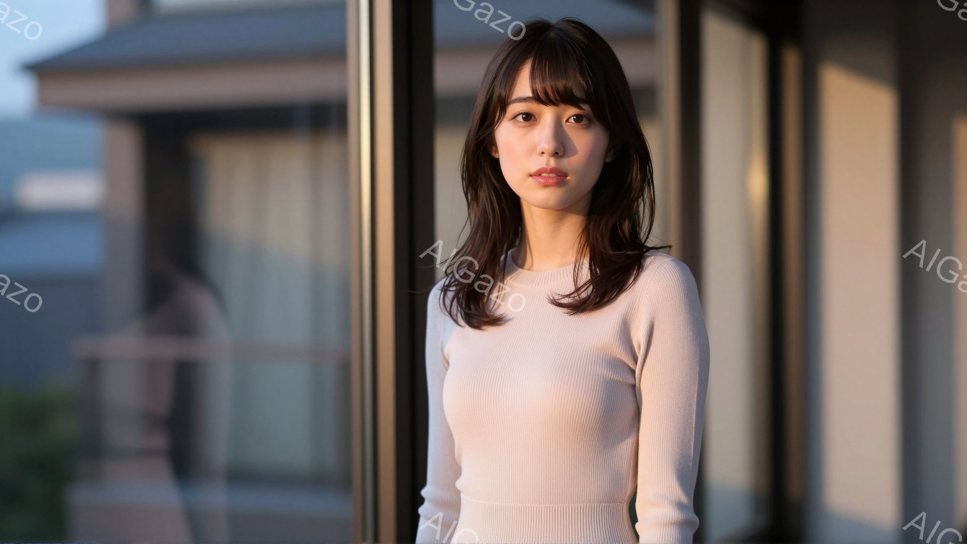 長い黒髪で、前髪は眉毛にかかるようにカットされた若い女性が写っている。白いセーターを着ており、やや微笑んでいる表情で、リラックスした姿勢で立っている。背景にはガラス窓と、ぼやけた緑の植物が見え、全体的 - AI生成フリー素材