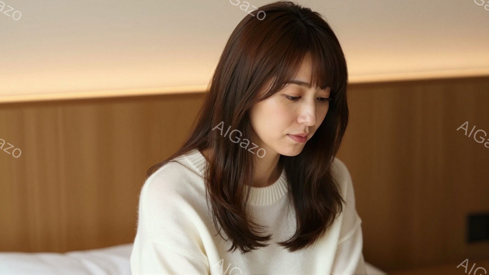 長い茶色の髪を持つ若い女性が、白いセーターを着て、何かを見つめているように下を向いている。彼女はリラックスした姿勢でベッドに座っており、表情は穏やかで少し物憂げだ。背景は木目調の壁で、部屋全体が暖かく - AI生成フリー素材