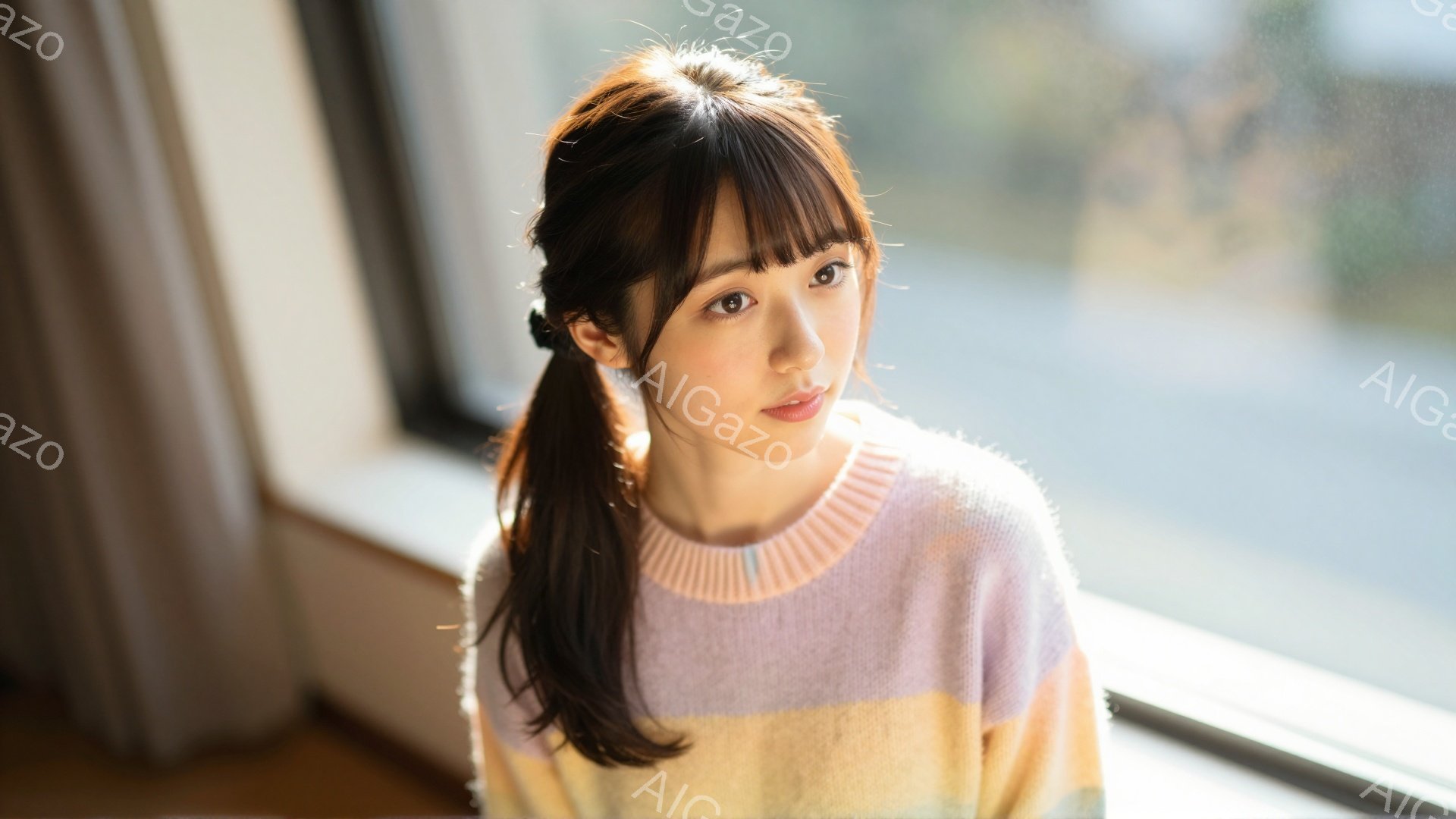 茶髪の長い髪を後ろで一つに結んだ女性が写っている。薄いピンク、黄色、クリーム色の縞模様のセーターを着ており、顔には穏やかな微笑みが浮かんでいる。背景はぼやけており、窓の外には建物が見え、柔らかい自然光 - AI生成フリー素材