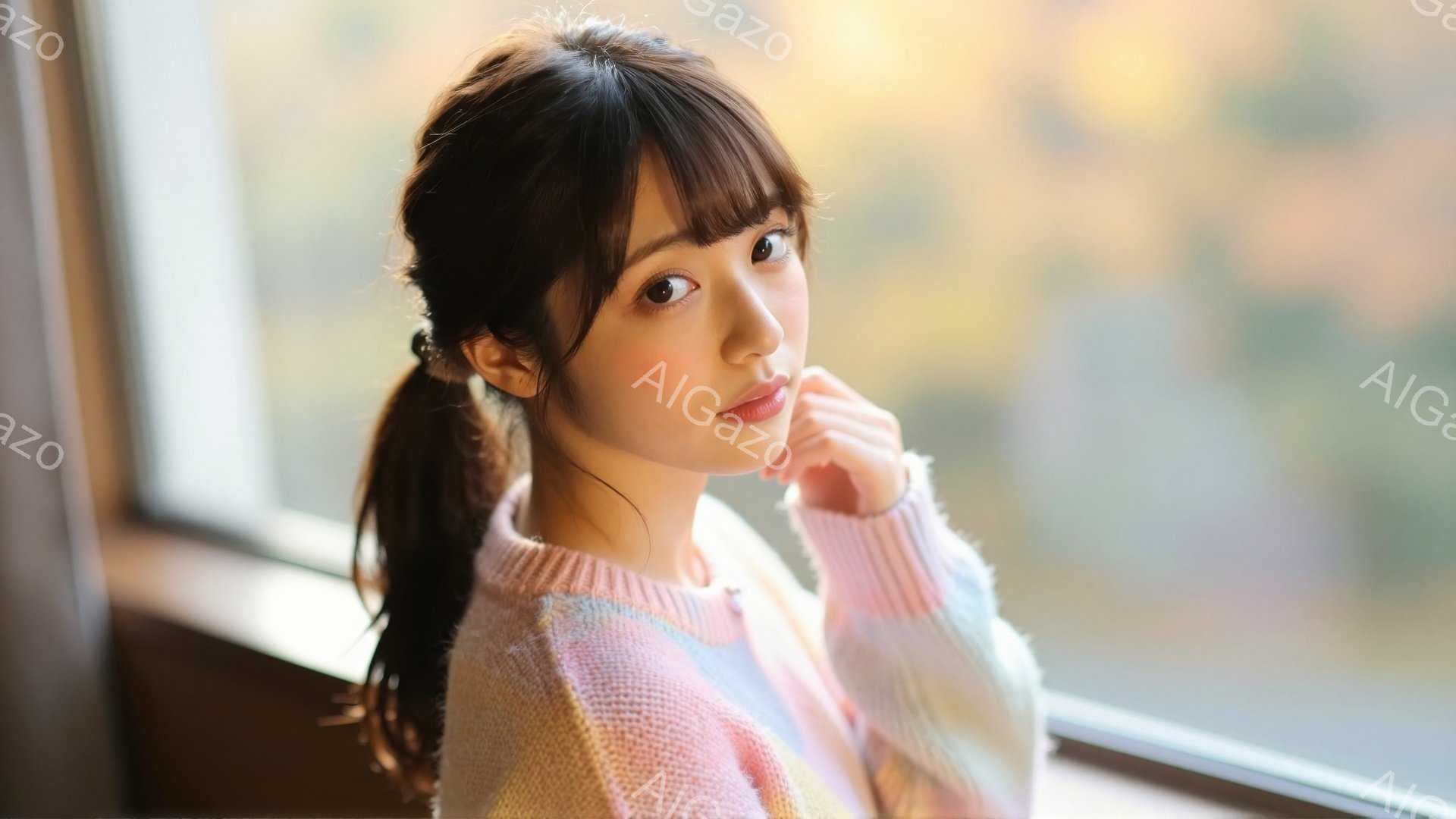 長い黒髪をハーフアップにし、頬を軽く赤らめた女性が写っている。パステルカラーのニットセーターを着ており、両手を頬に添えて微笑んでいる。背景にはぼやけた自然の風景が広がり、暖かく柔らかな光が彼女を照らしている。