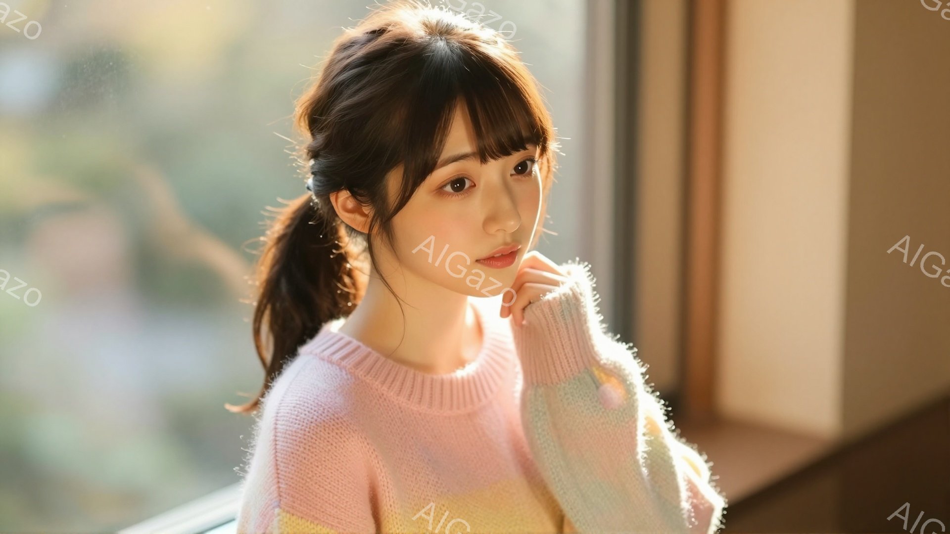 明るい色のグラデーションがかったセーターを着た若い女性が写っています。彼女は髪を後ろで軽くまとめ、柔らかな笑顔を浮かべながら、片手で頬に触れるポーズをとっています。背景には窓枠が見え、室内からの暖かく穏やかな光が差し込んでいます。