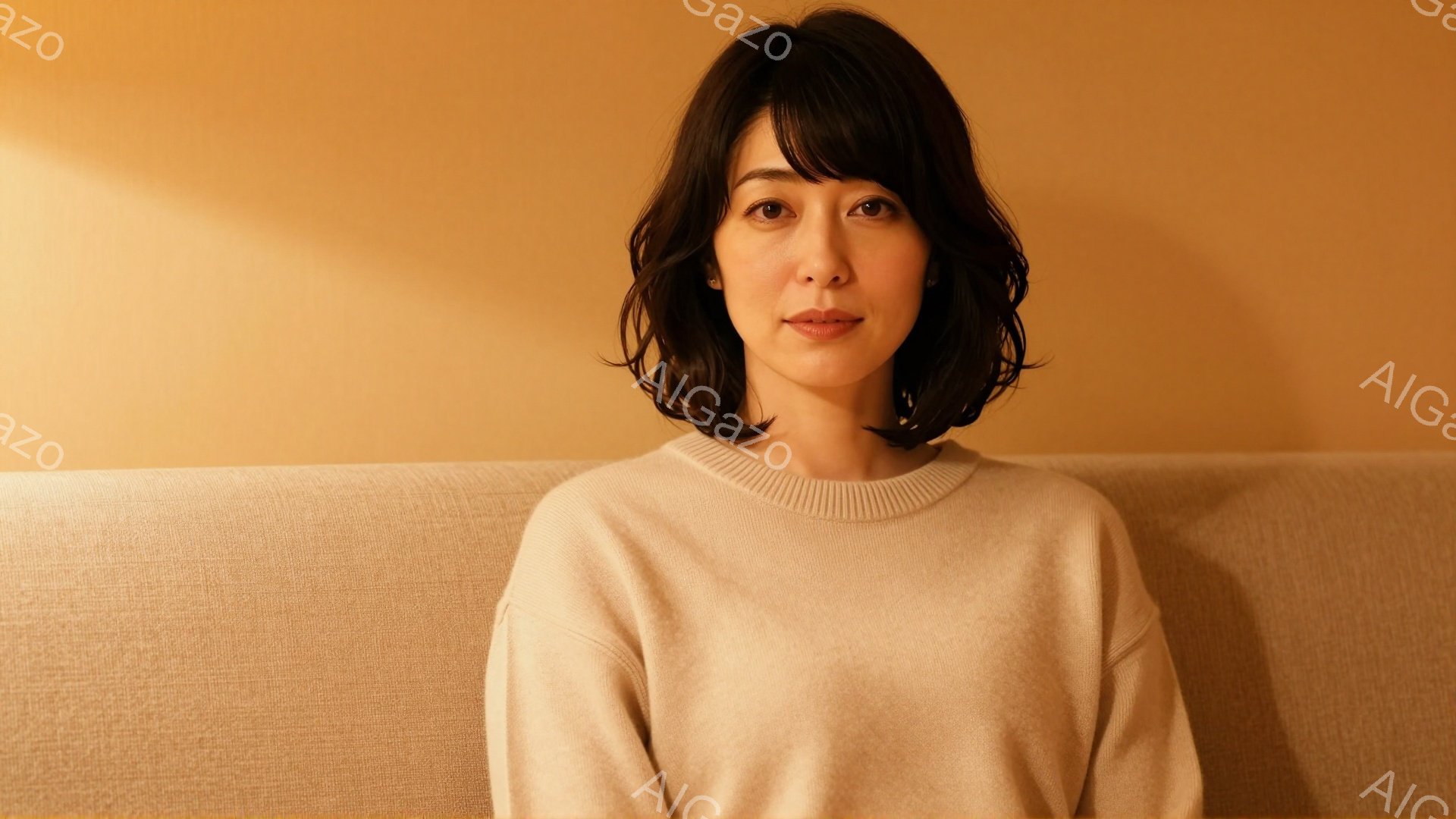 画像は、ベージュ色のニットセーターを着た女性が正面を向いて座っている様子を捉えています。彼女はダークブラウンのゆるやかなウェーブヘアで、穏やかな微笑みを浮かべています。背景は柔らかいオレンジ色の壁で、 - AI生成フリー素材
