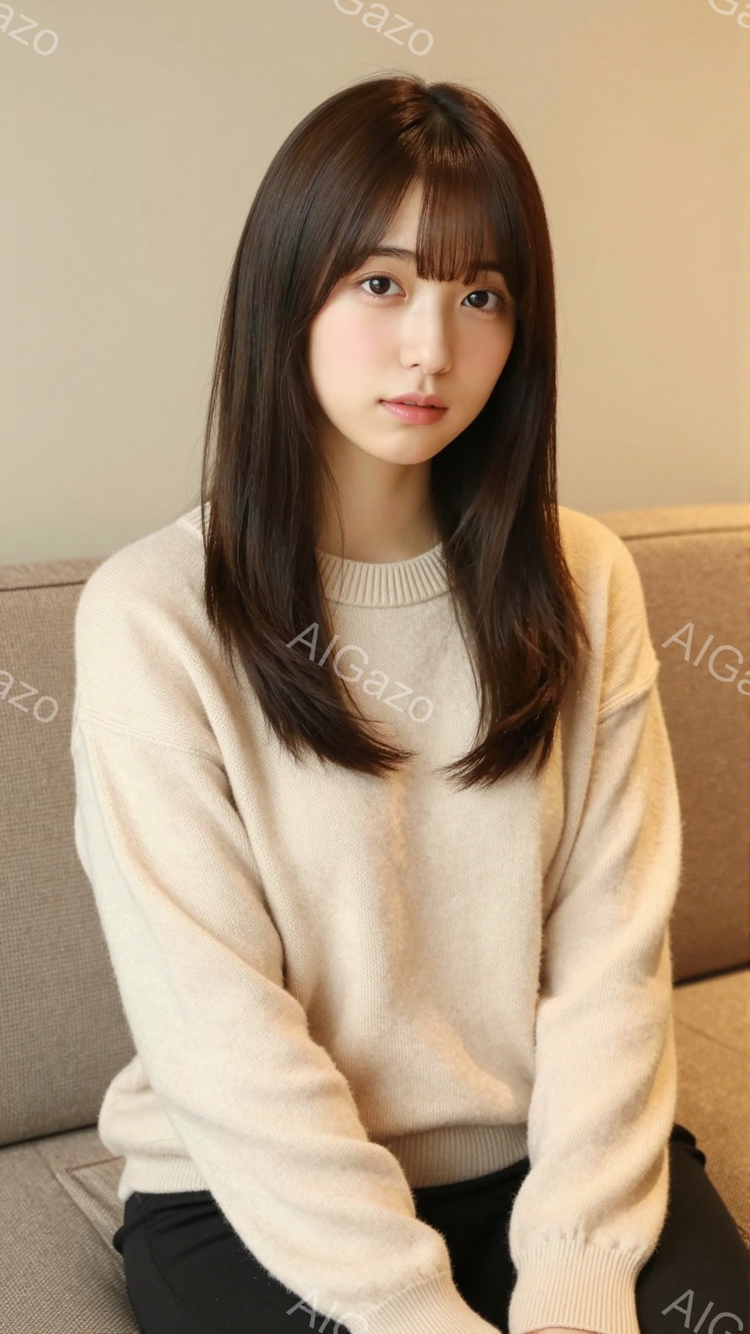長い黒髪で前髪ぱっつんの女性が、ベージュのニットセーターを着て座っています。彼女はわずかに微笑んでおり、落ち着いた表情をしています。背景は薄い茶色のソファで、全体的に穏やかで温かい雰囲気です。