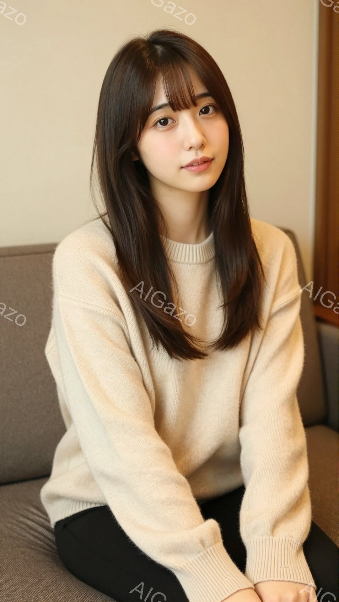 明るい茶色のセーターを着た若い女性が写っている。彼女は黒いズボンを履いており、柔らかい表情でカメラを見つめている。背景はぼかされており、リビングルームのような室内空間の一部が確認できる。 - AI生成フリー素材