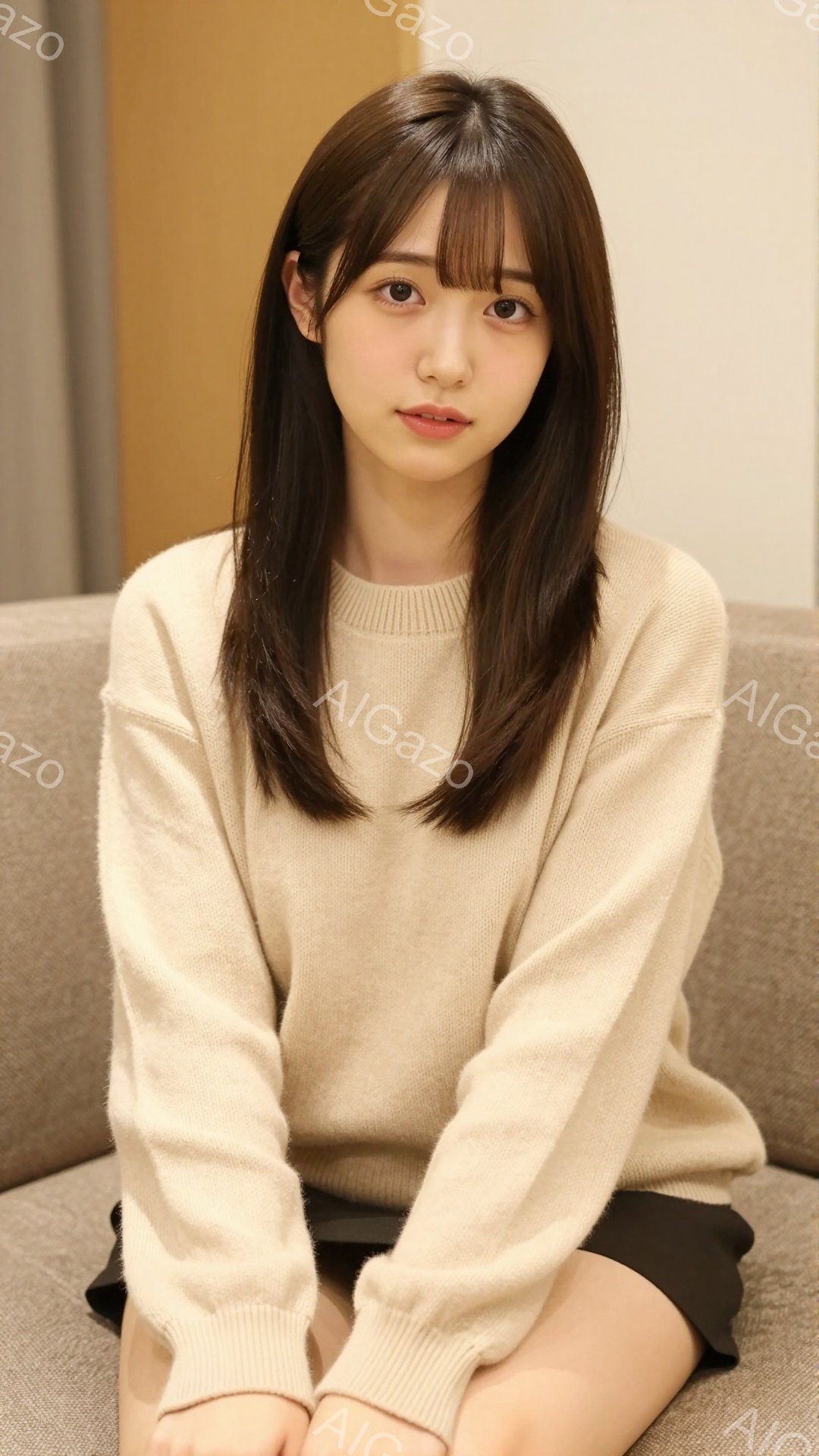 長い黒髪をセンターパートにした女性が、ベージュ色のセーターと黒いスカートを着用してソファーに座っています。穏やかな表情で、視線はカメラに向いています。背景は明るいベージュと白の壁で、全体的に柔らかく落 - AI生成フリー素材