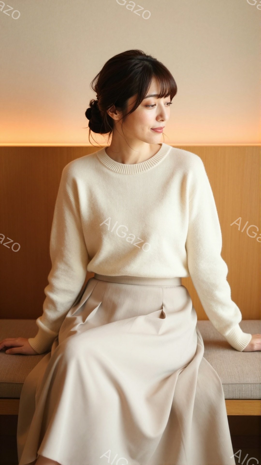 モデルは、ベージュのニットセーターとフレアスカートを身につけ、リラックスした姿勢で座っています。彼女は髪を後ろでまとめ、穏やかな表情で視線を少し外しています。背景は木製のパネルで、柔らかく暖かい雰囲気 - AI生成フリー素材