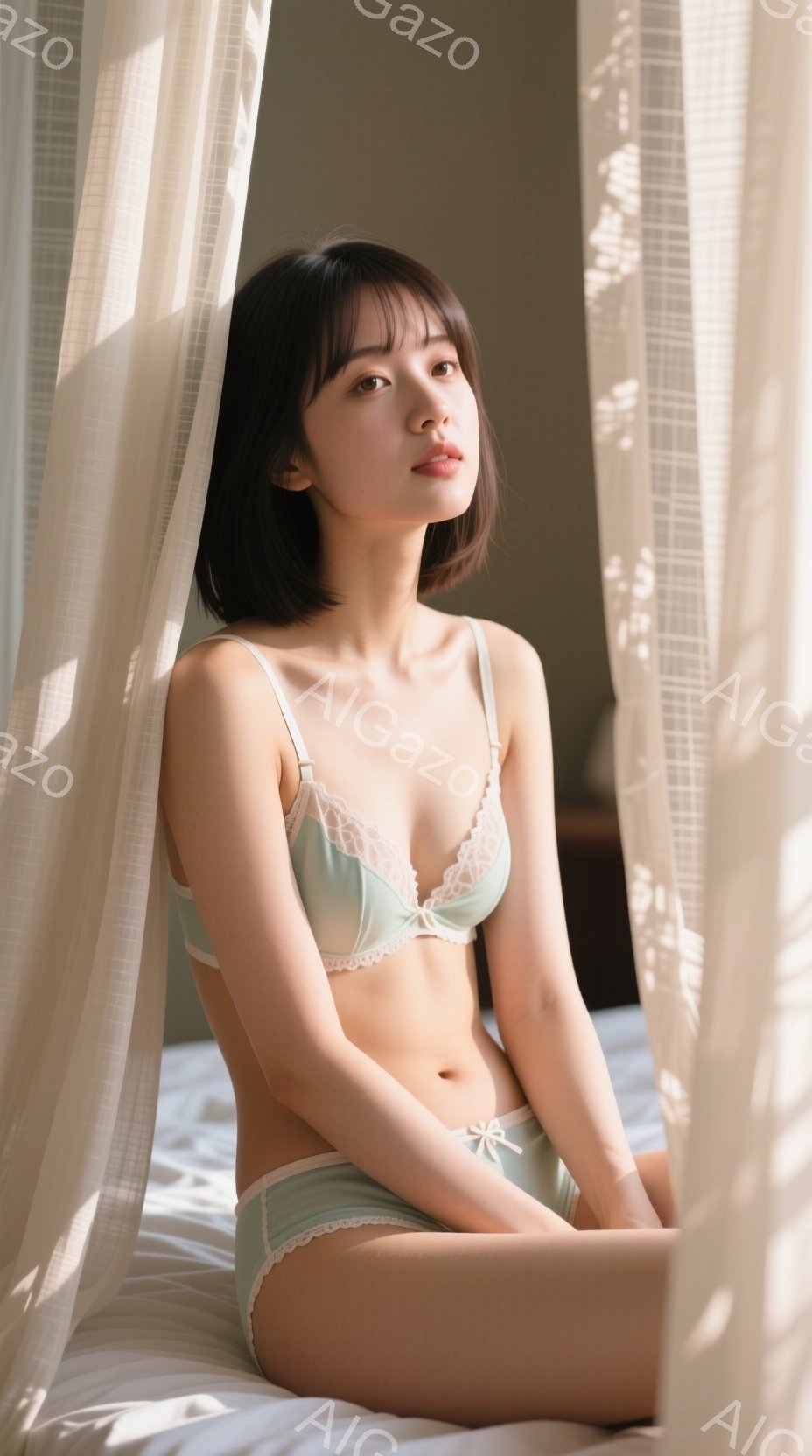 明るい色のレースが縁取られたブラとショーツを着用した若い女性が、白いベッドに座ってこちらを見ている。彼女はダークブラウンのショートヘアで、穏やかで少し微笑んだ表情をしている。背景には白いカーテンが光を - AI生成フリー素材