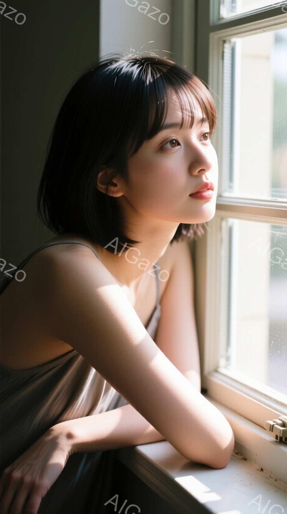 ショートヘアの女性が窓辺に寄りかかっており、光が彼女の顔に優しく当たっている。彼女は光沢のあるグレーのキャミソールを着ており、少し物憂げな表情で遠くを見つめている。背景はぼやけており、建物の一部が見え - AI生成フリー素材