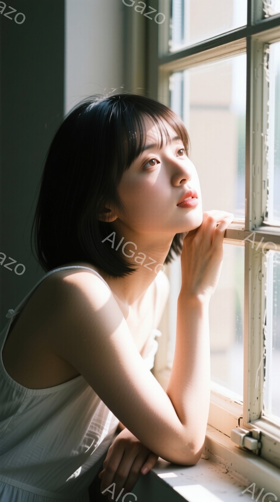 明るい光が差し込む窓辺に、黒髪の女性が寄りかかっている。白いシンプルなワンピースを着ており、顎に手を当てて、どこか遠くを見つめている表情は物憂げで、静かな雰囲気を醸し出している。窓の外にはぼんやりと建 - AI生成フリー素材